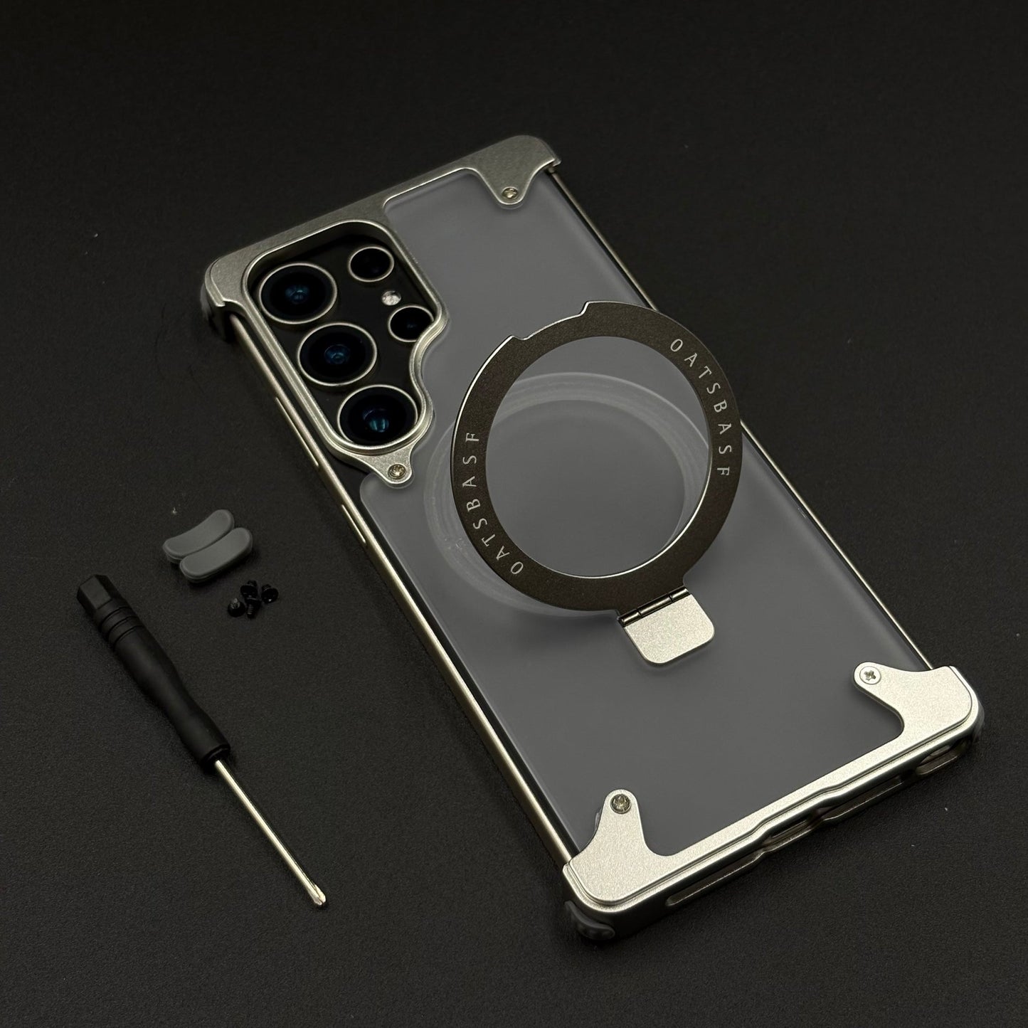 Smokey Matte Metal Frame Case for Samsung Galaxy S25 Ultra | MagSafe Ring Stand | Translucent Back