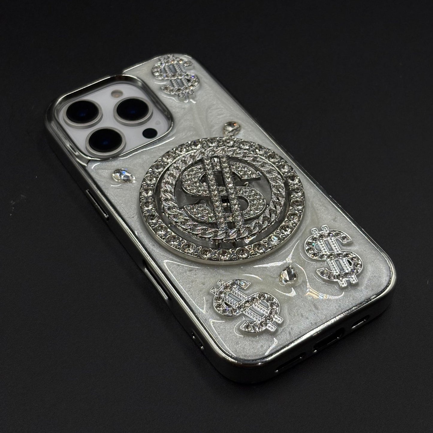 Luxury Rotating Dollar Case for iPhone Series | Silver Bling Coin Design