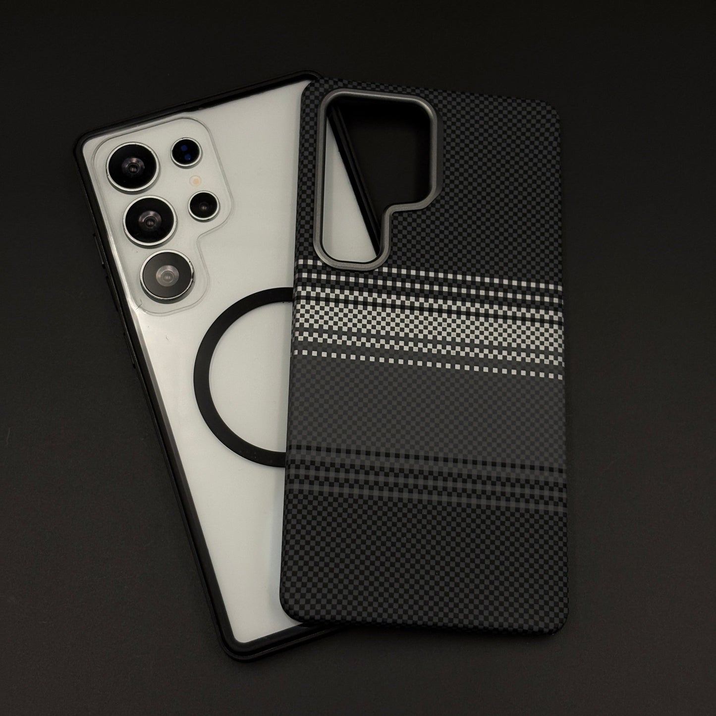 2-in-1 Detachable Magnetic Navy Grey Plaid Case for Samsung Galaxy S24 Ultra | Transparent Shell & Design Plate