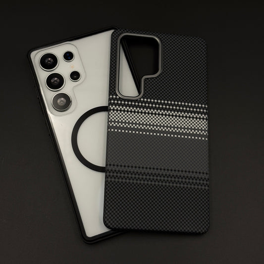 2-in-1 Detachable Magnetic Navy Grey Plaid Case for Samsung Galaxy S24 Ultra | Transparent Shell & Design Plate