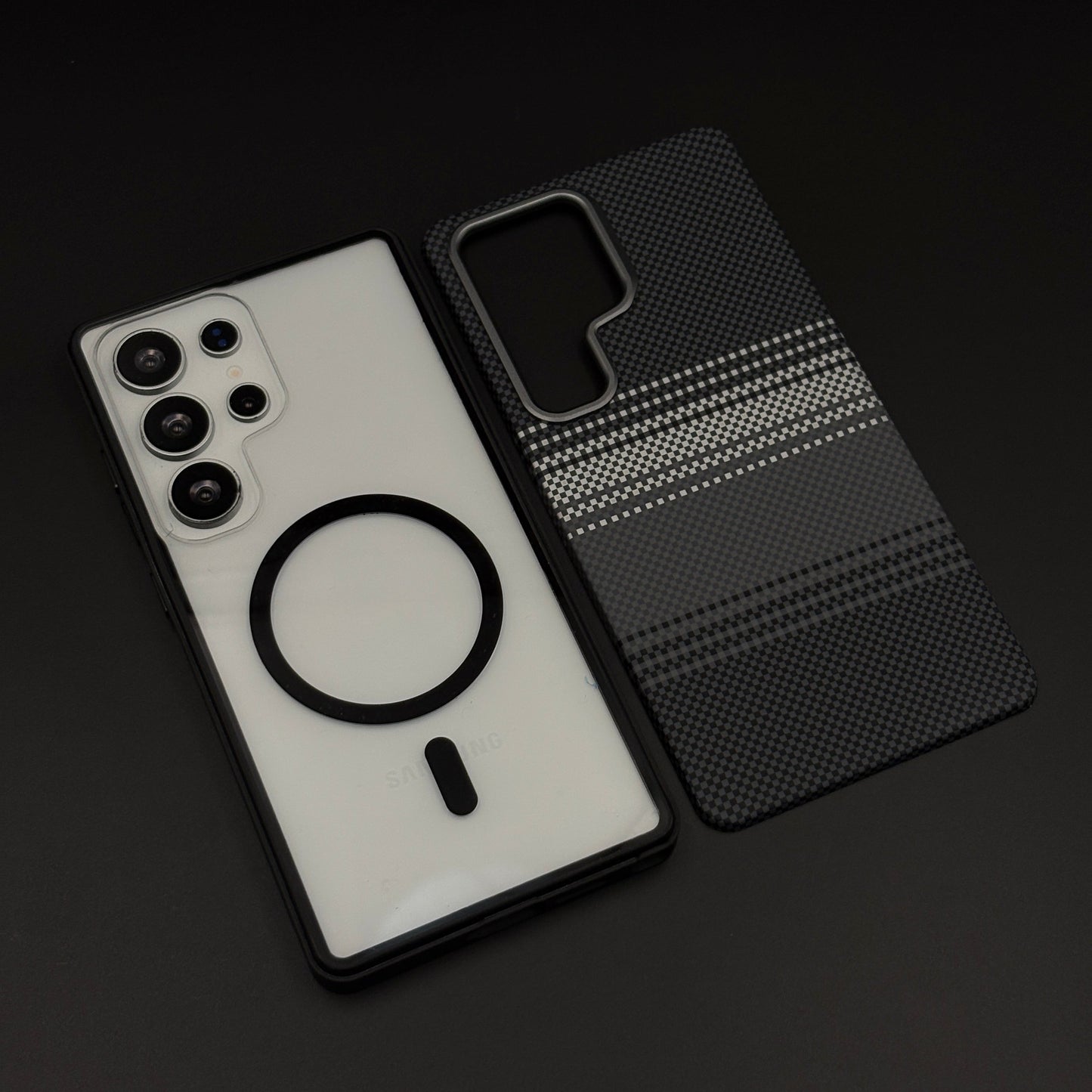 2-in-1 Detachable Magnetic Navy Grey Plaid Case for Samsung Galaxy S24 Ultra | Transparent Shell & Design Plate