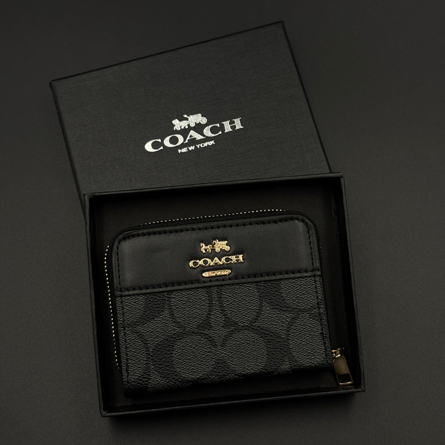 Luxury Brand C Zipper Card Holder Wallet with Gold Embossed Logo with Box