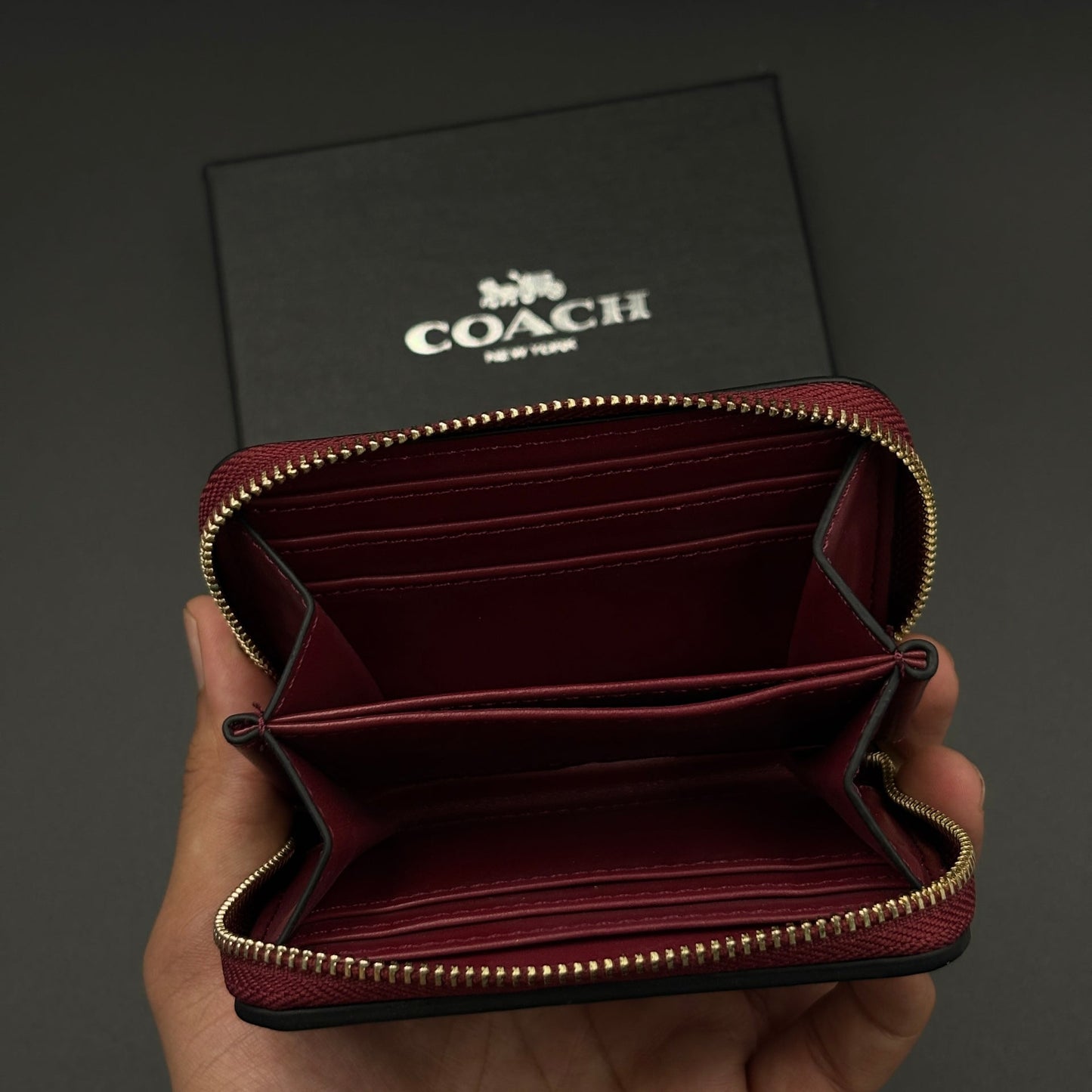 Luxury Brand C Zipper Card Holder Wallet with Gold Embossed Logo with Box