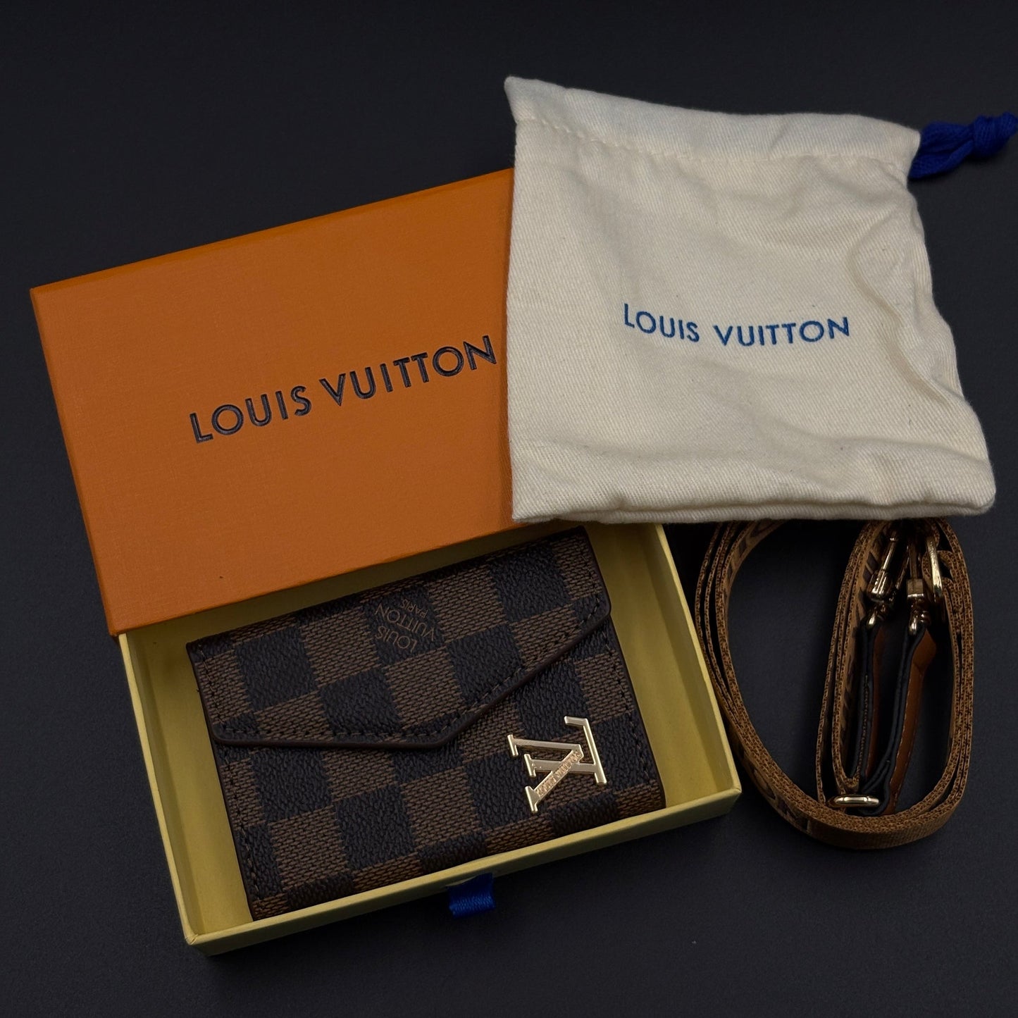 Luxury Fashion Brand Monogram Checks Empreinte Victorine Wallet Card Holder Strap with Box