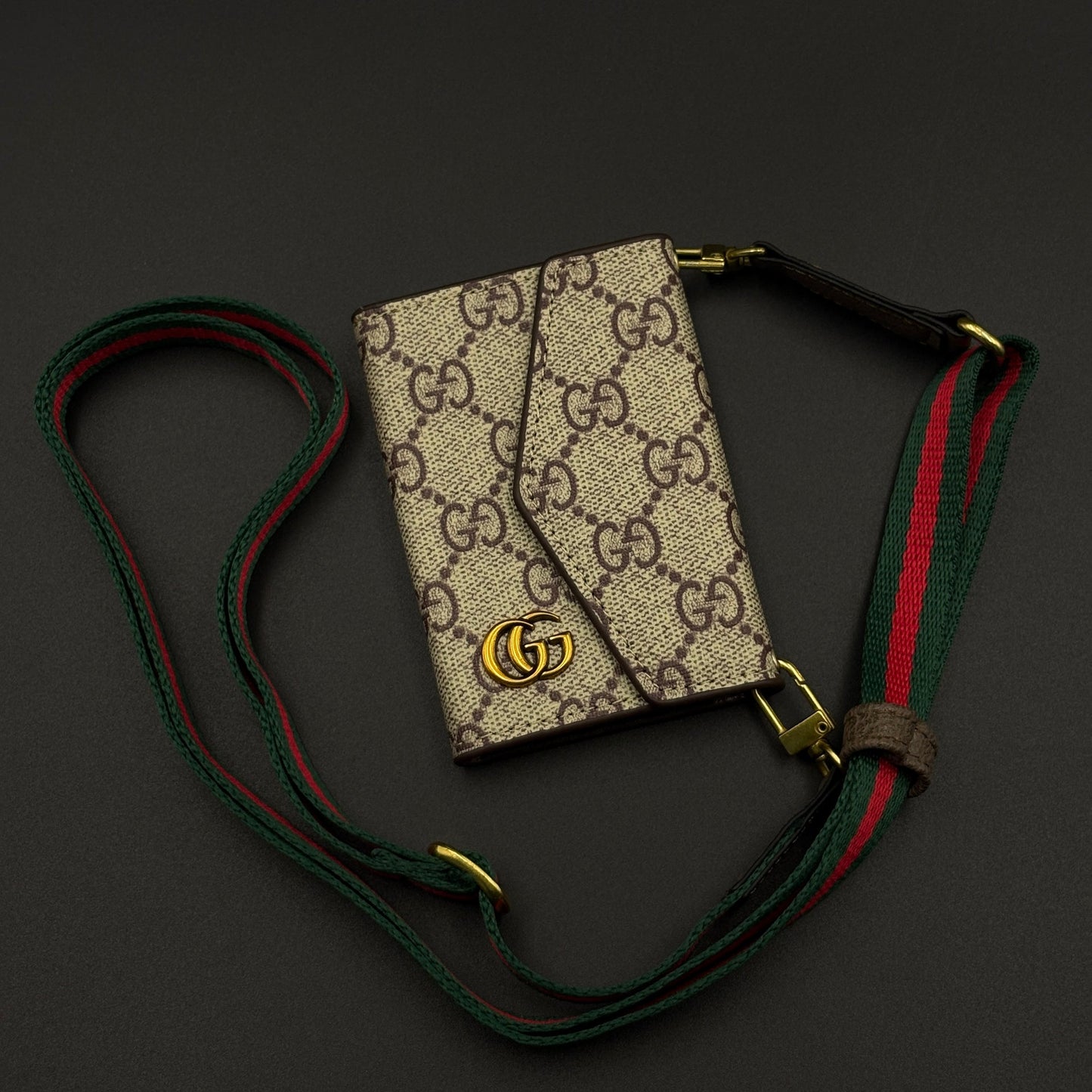GG Monogram Card Holder Wallet with Web Stripe Strap with Box