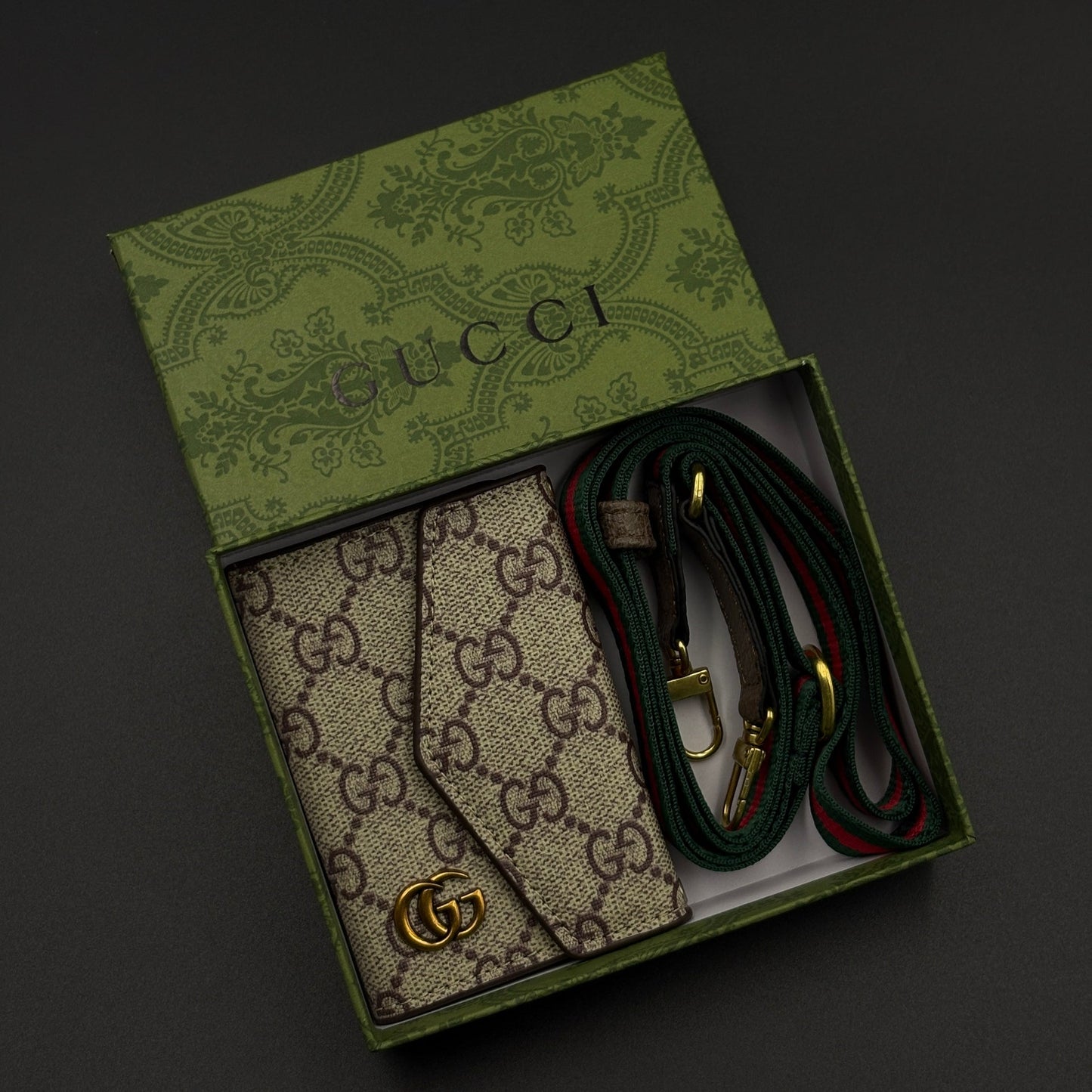 GG Monogram Card Holder Wallet with Web Stripe Strap with Box