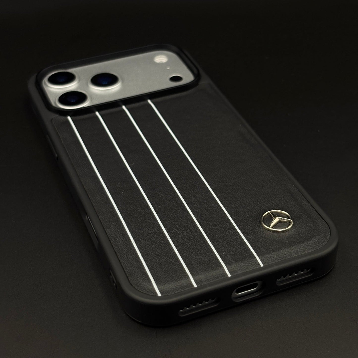 Luxury Triple Stripe Sports Car Merc Logo Leather Case for iPhone 17 Series | Slim Protective Back Cover