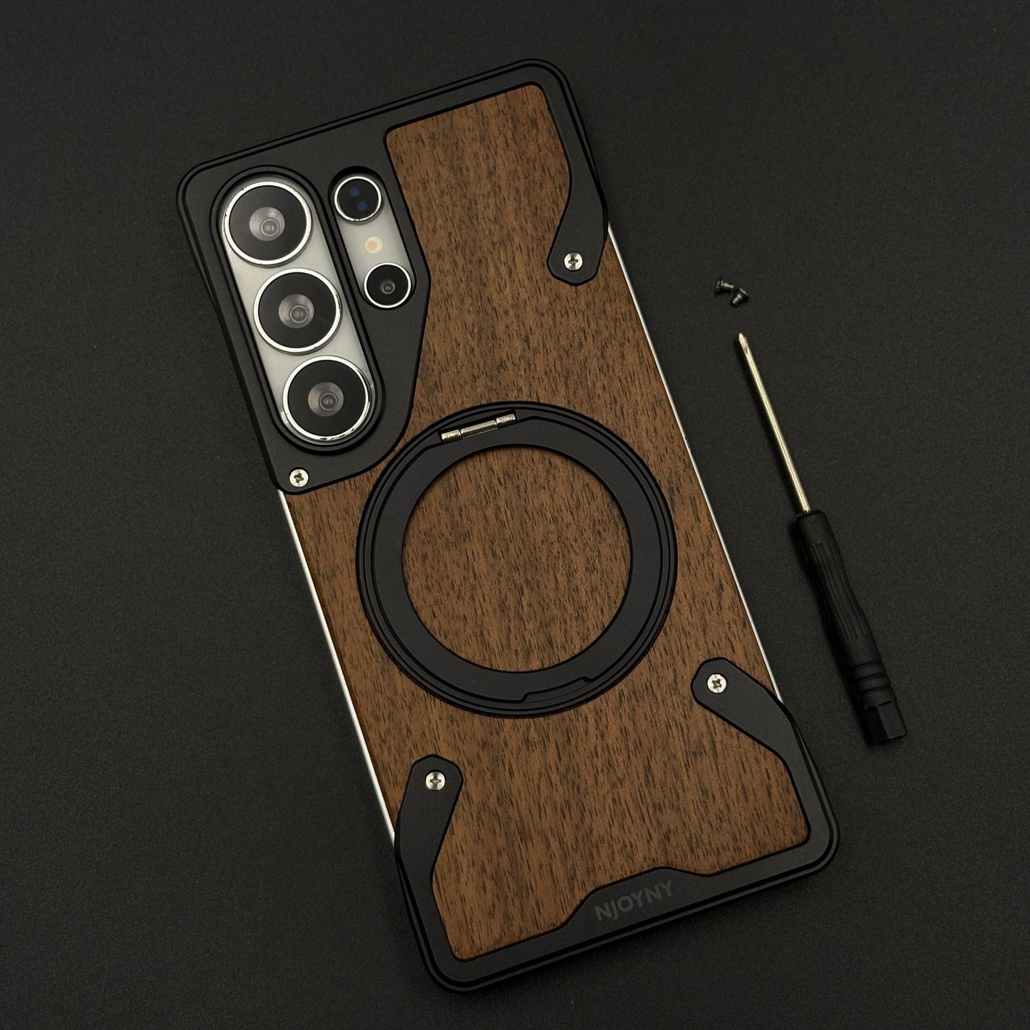 Wood Grain Metal Ring Stand Mobile Case Cover for Samsung Galaxy S26 Ultra
