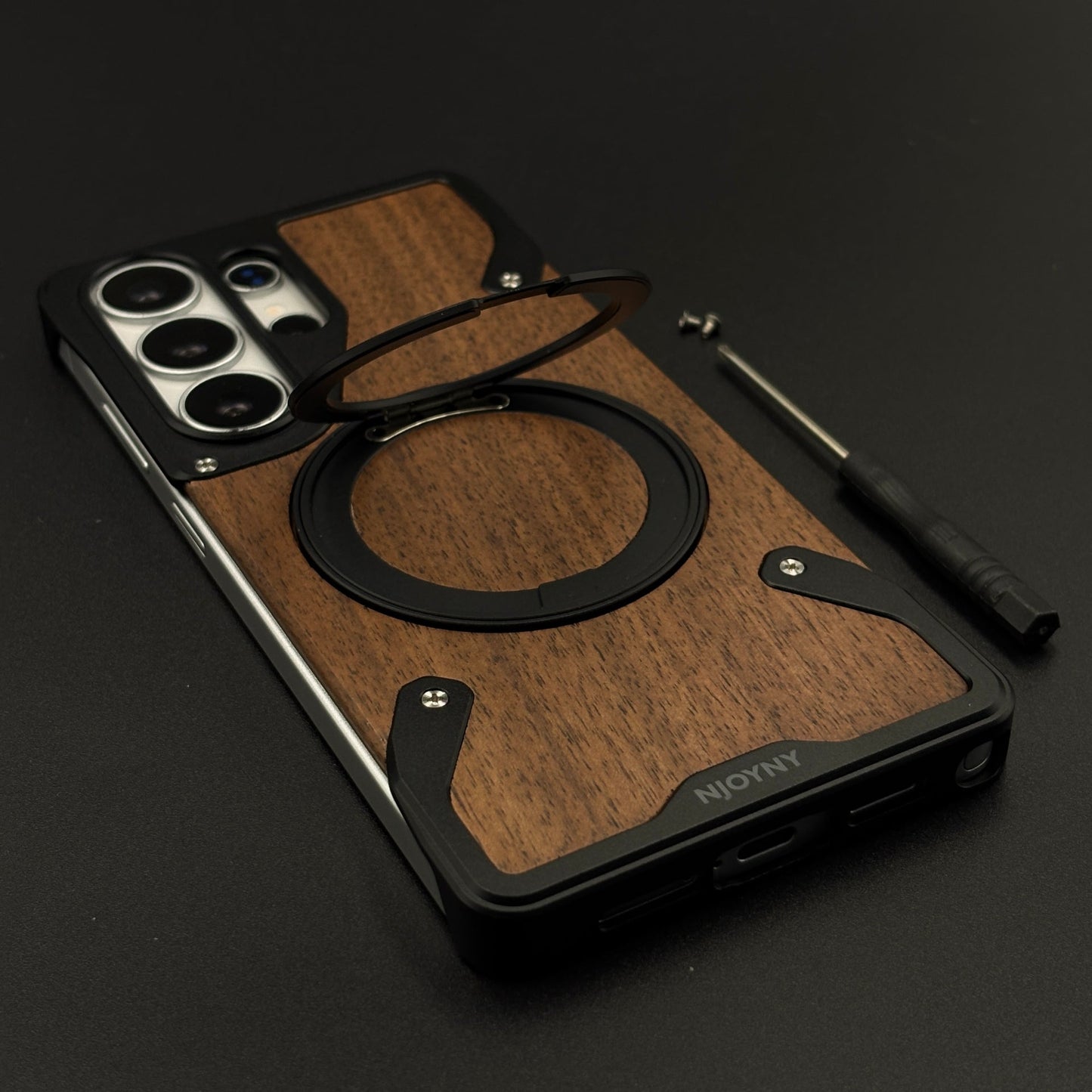 Wood Grain Metal Ring Stand Mobile Case Cover for Samsung Galaxy S26 Ultra