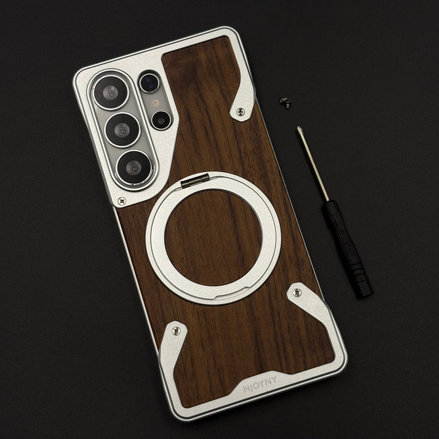 Wood Grain Metal Ring Stand Mobile Case Cover for Samsung Galaxy S26 Ultra