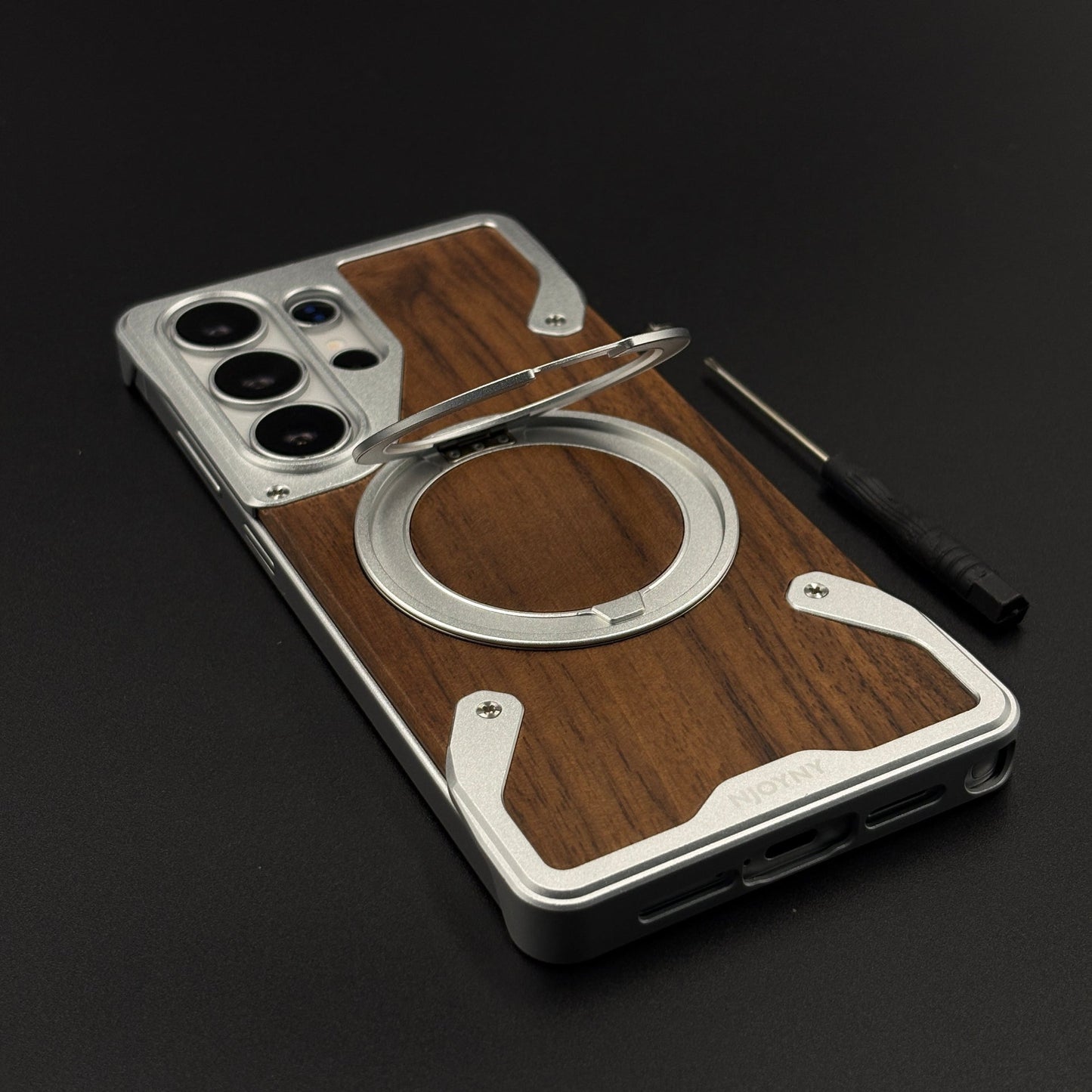 Wood Grain Metal Ring Stand Mobile Case Cover for Samsung Galaxy S26 Ultra