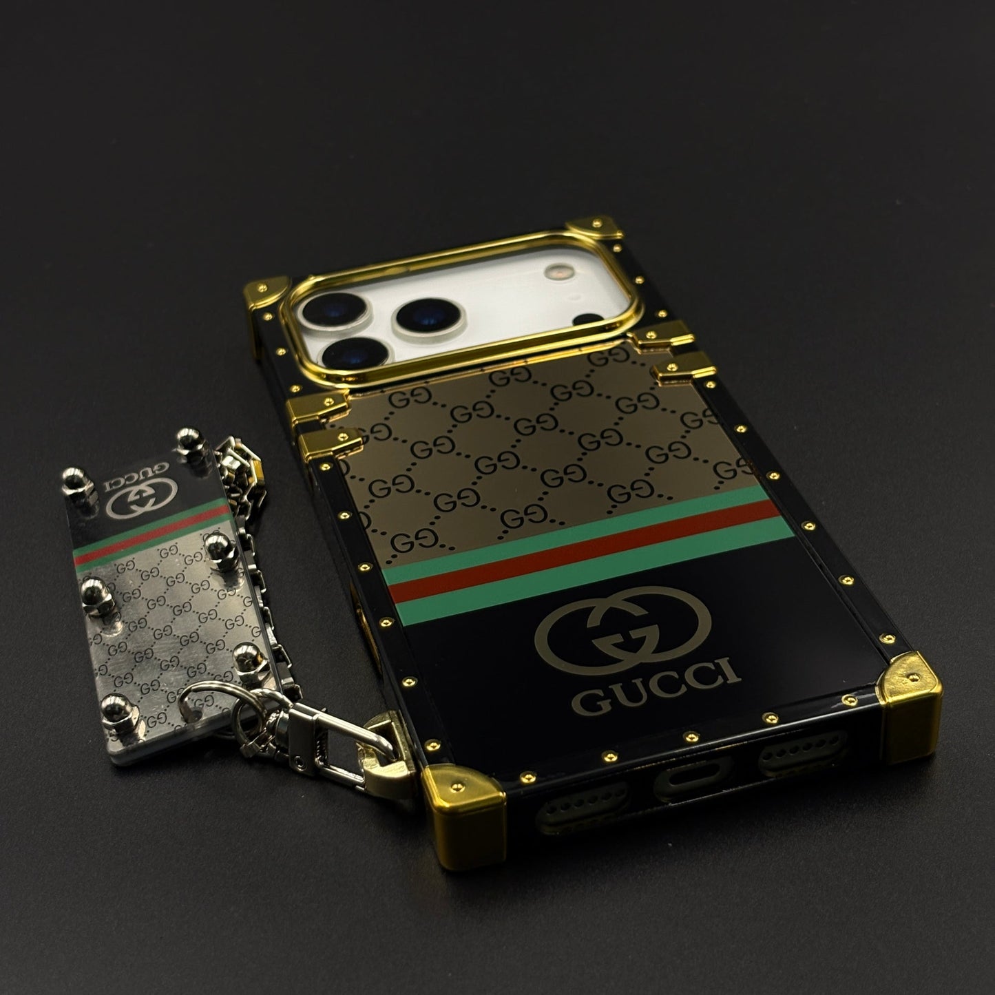 Luxury GG Stripe Square Trunk Case with Chain for iPhone 17 Series