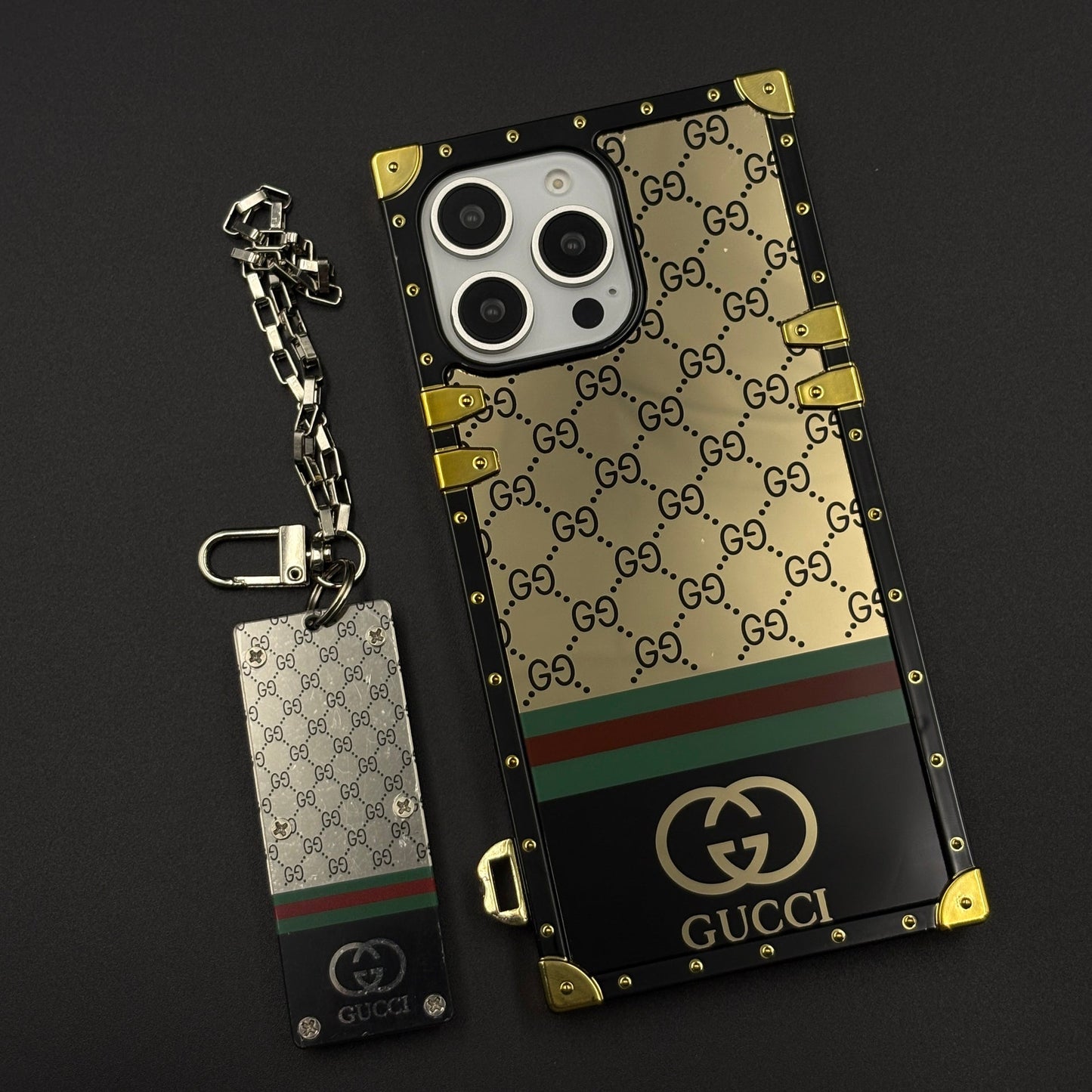 Luxury GG Stripe Square Trunk Case with Chain for iPhone 16 Pro Max