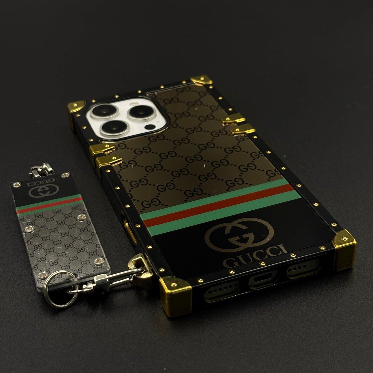 Luxury GG Stripe Square Trunk Case with Chain for iPhone 16 Pro Max