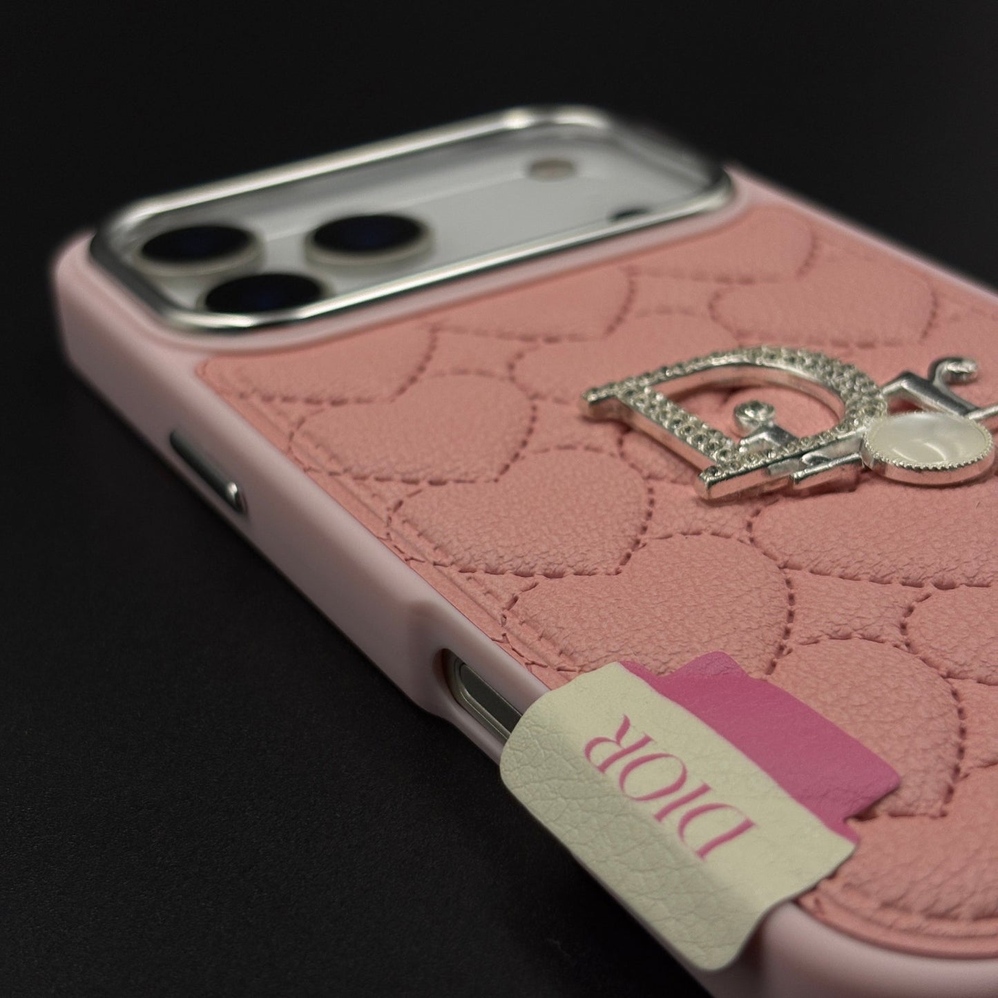 Luxury Heart Quilted Leather Case Cover for iPhone 17 Series – Orange & Pink | CD Pearl Diamond Edition