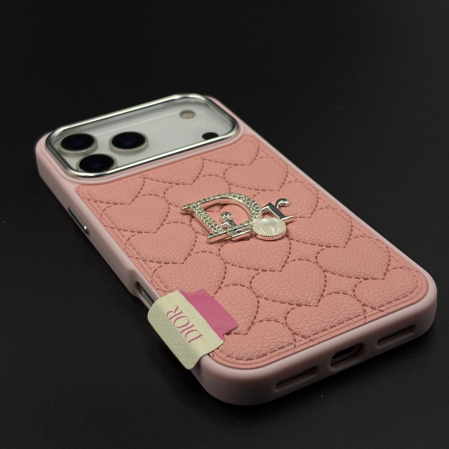 Luxury Heart Quilted Leather Case Cover for iPhone 17 Series – Orange & Pink | CD Pearl Diamond Edition