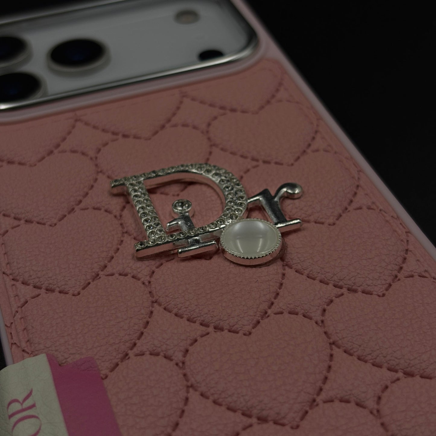 Luxury Heart Quilted Leather Case Cover for iPhone 17 Series – Orange & Pink | CD Pearl Diamond Edition