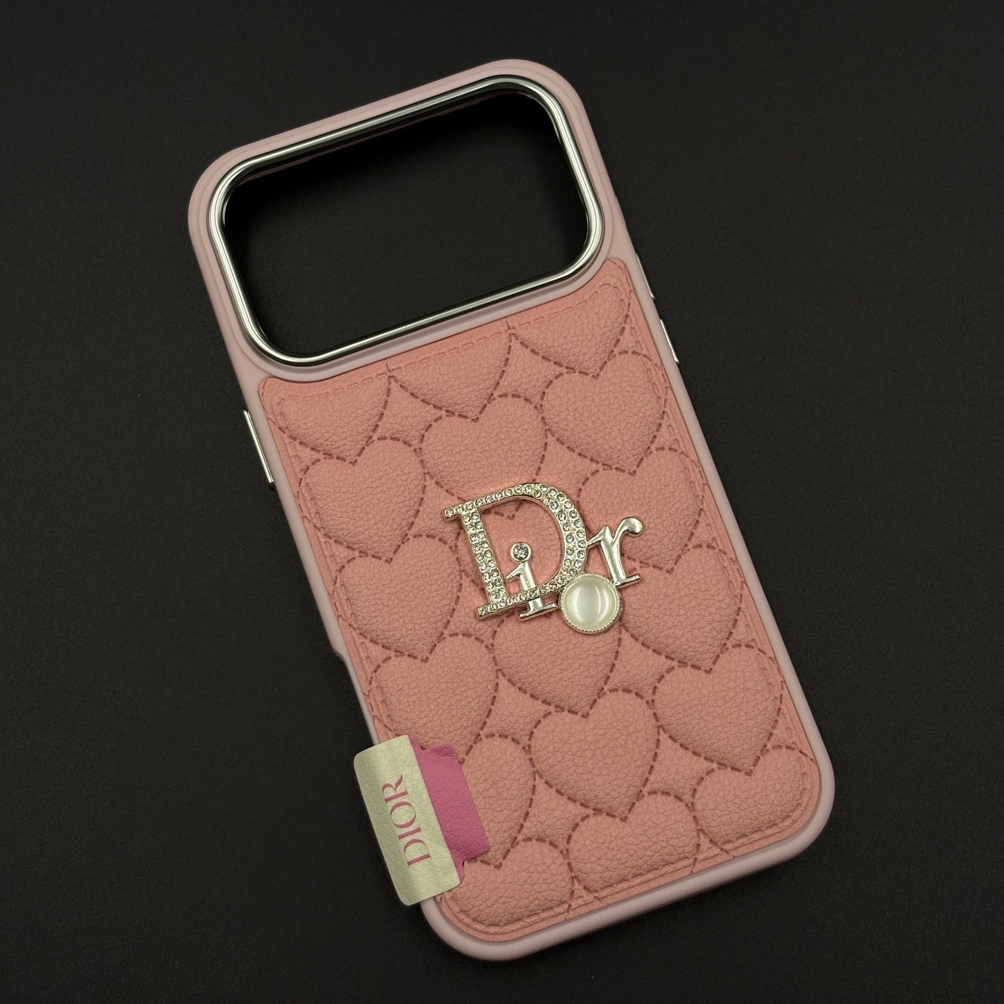 Luxury Heart Quilted Leather Case Cover for iPhone 17 Series – Orange & Pink | CD Pearl Diamond Edition