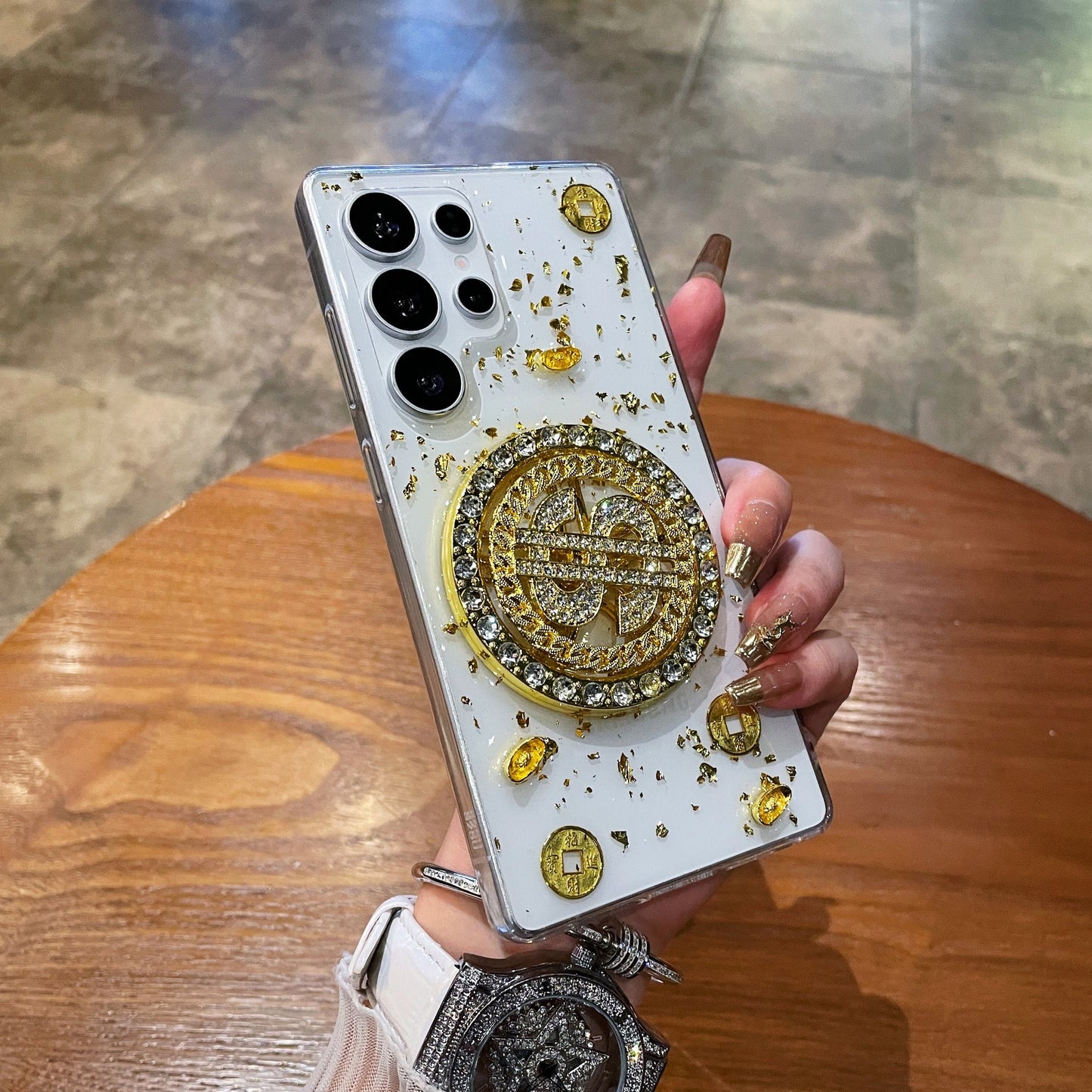 Luxury Rotating Dollar Case for Samsung Galaxy S24 Ultra | Gold Bling Coin Design with Beaded Wrist Strap