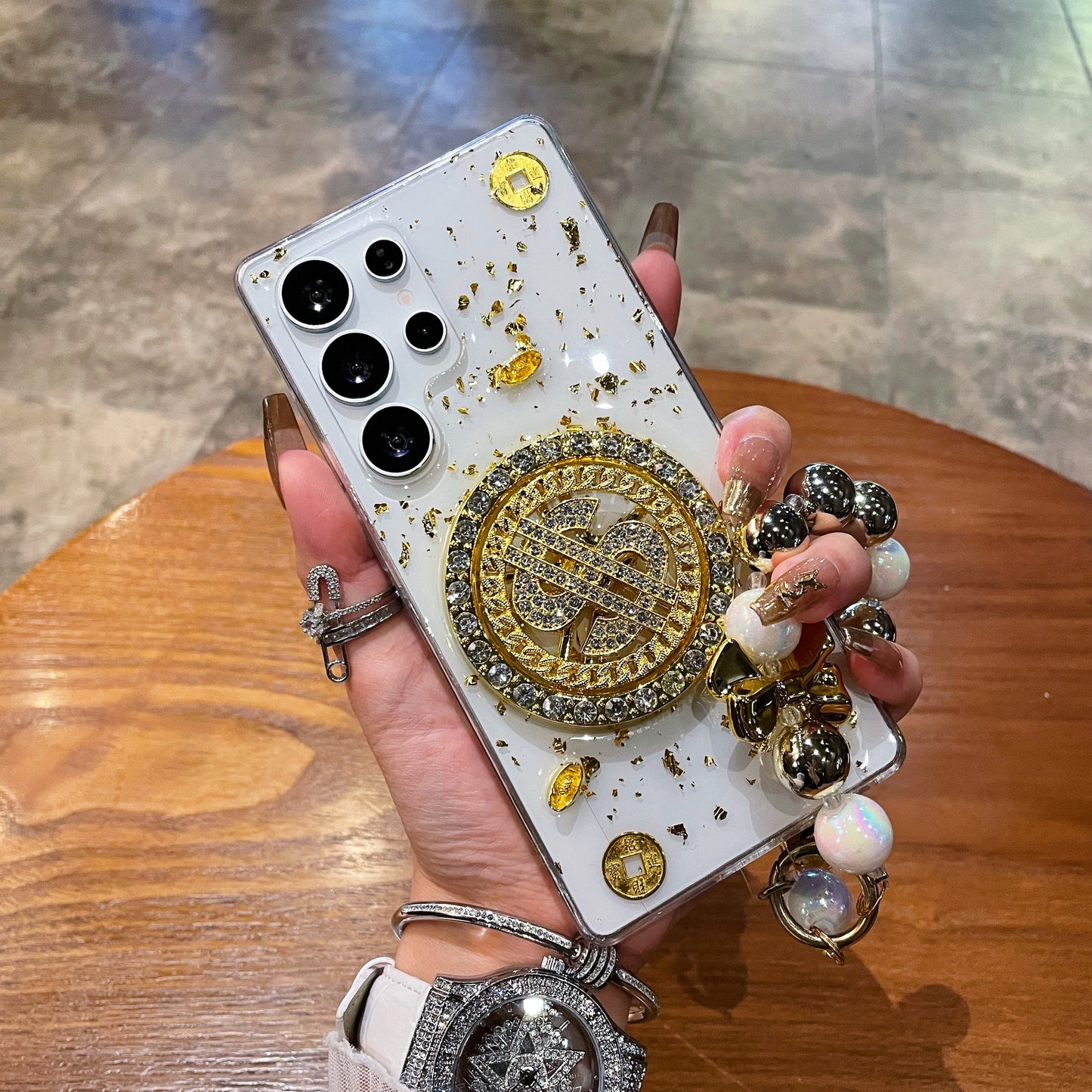 Luxury Rotating Dollar Case for Samsung Galaxy S25 Ultra | Gold Bling Coin Design with Beaded Wrist Strap