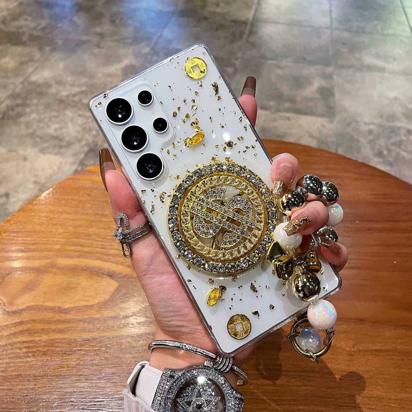 Luxury Rotating Dollar Case for Samsung Galaxy S25 Ultra | Gold Bling Coin Design with Beaded Wrist Strap