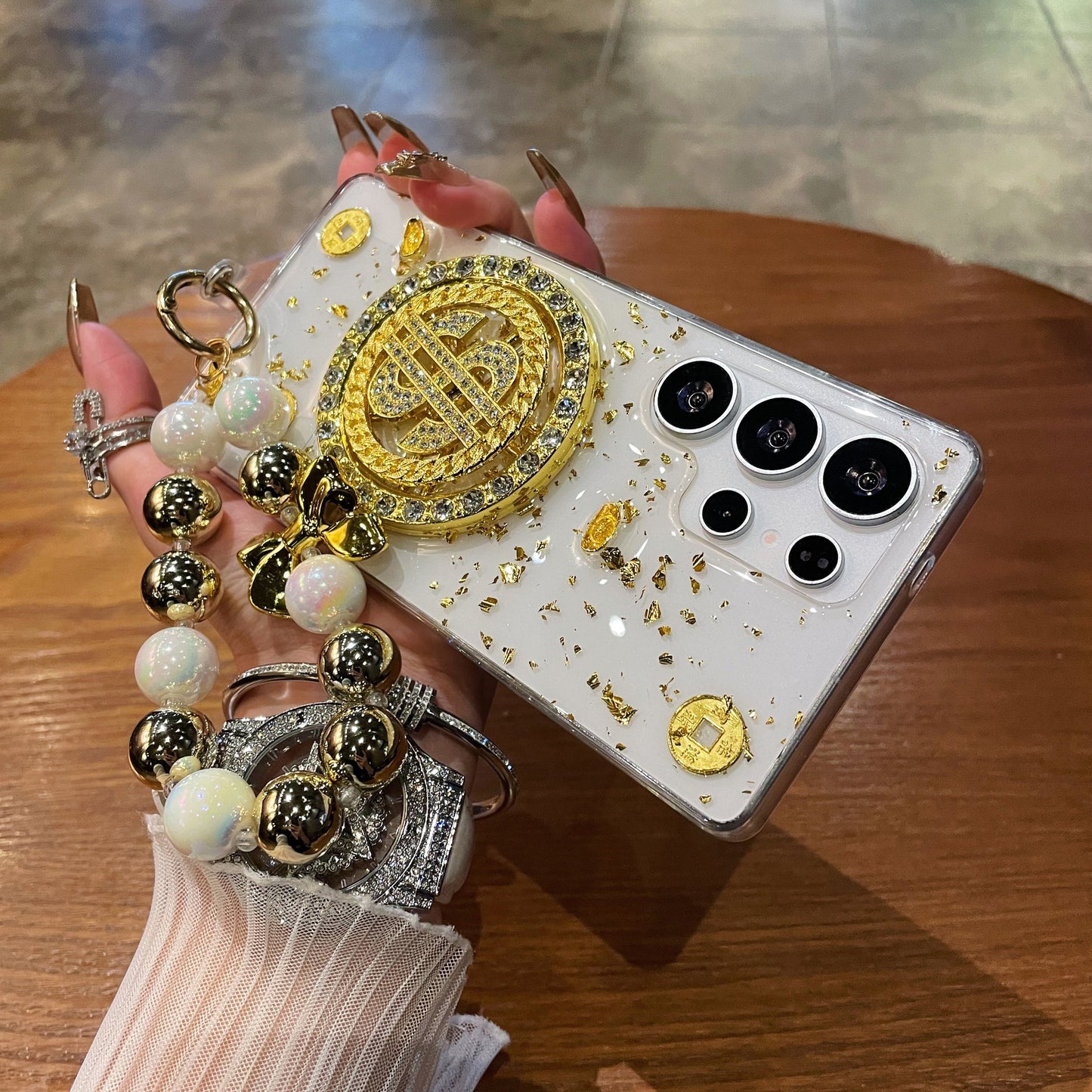 Luxury Rotating Dollar Case for Samsung Galaxy S24 Ultra | Gold Bling Coin Design with Beaded Wrist Strap