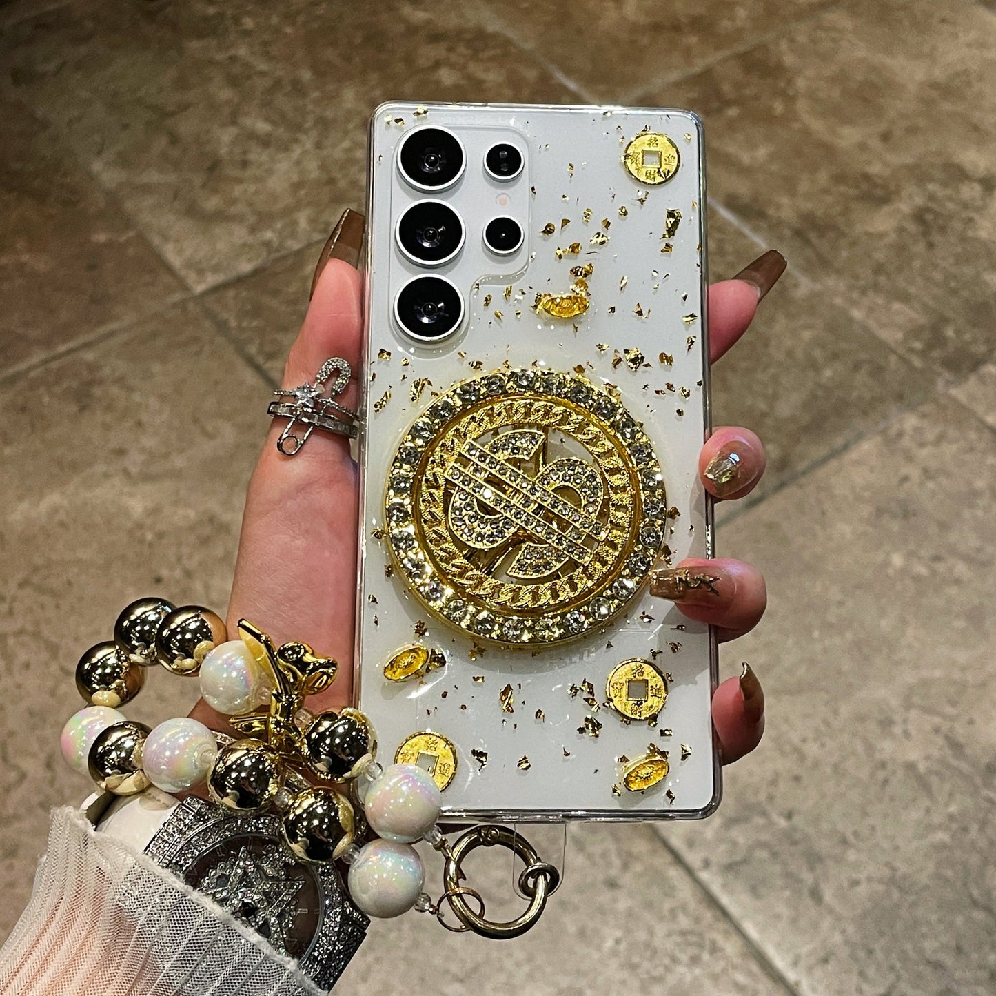 Luxury Rotating Dollar Case for Samsung Galaxy S25 Ultra | Gold Bling Coin Design with Beaded Wrist Strap