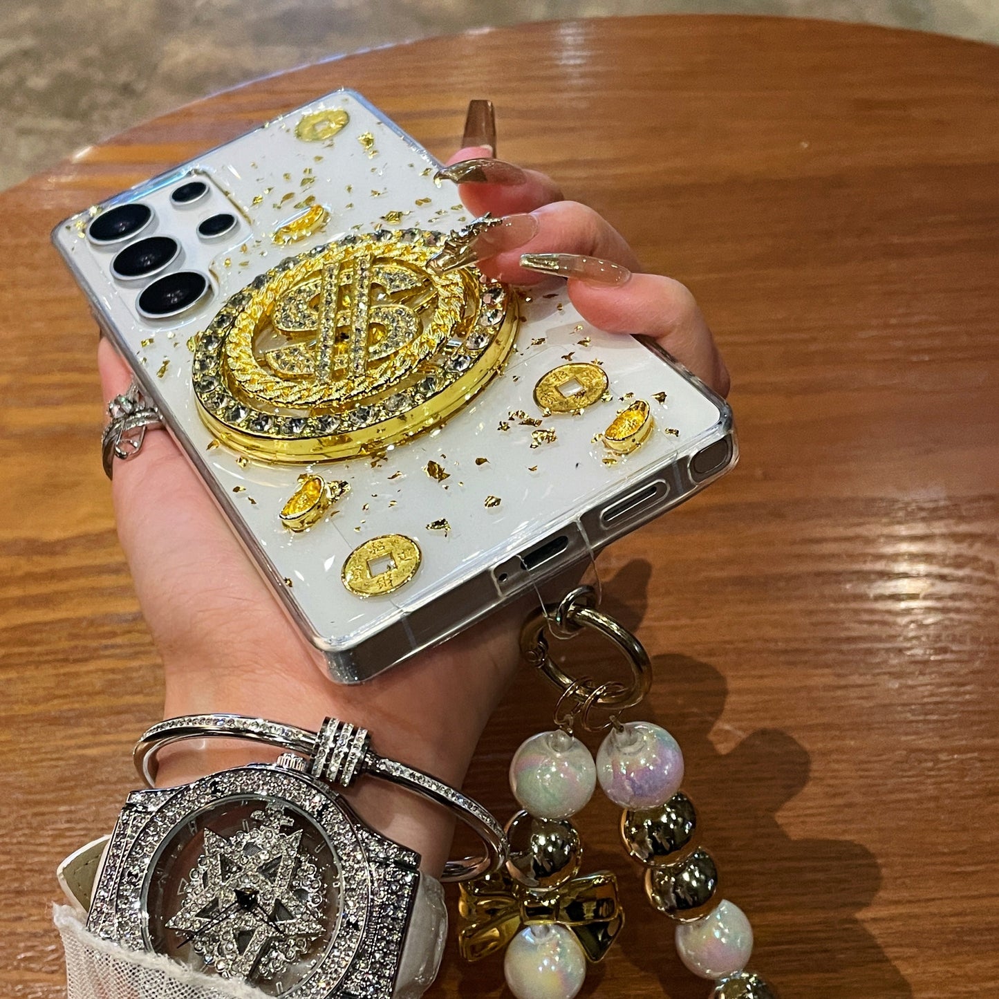 Luxury Rotating Dollar Case for Samsung Galaxy S24 | Gold Bling Coin Design with Beaded Wrist Strap