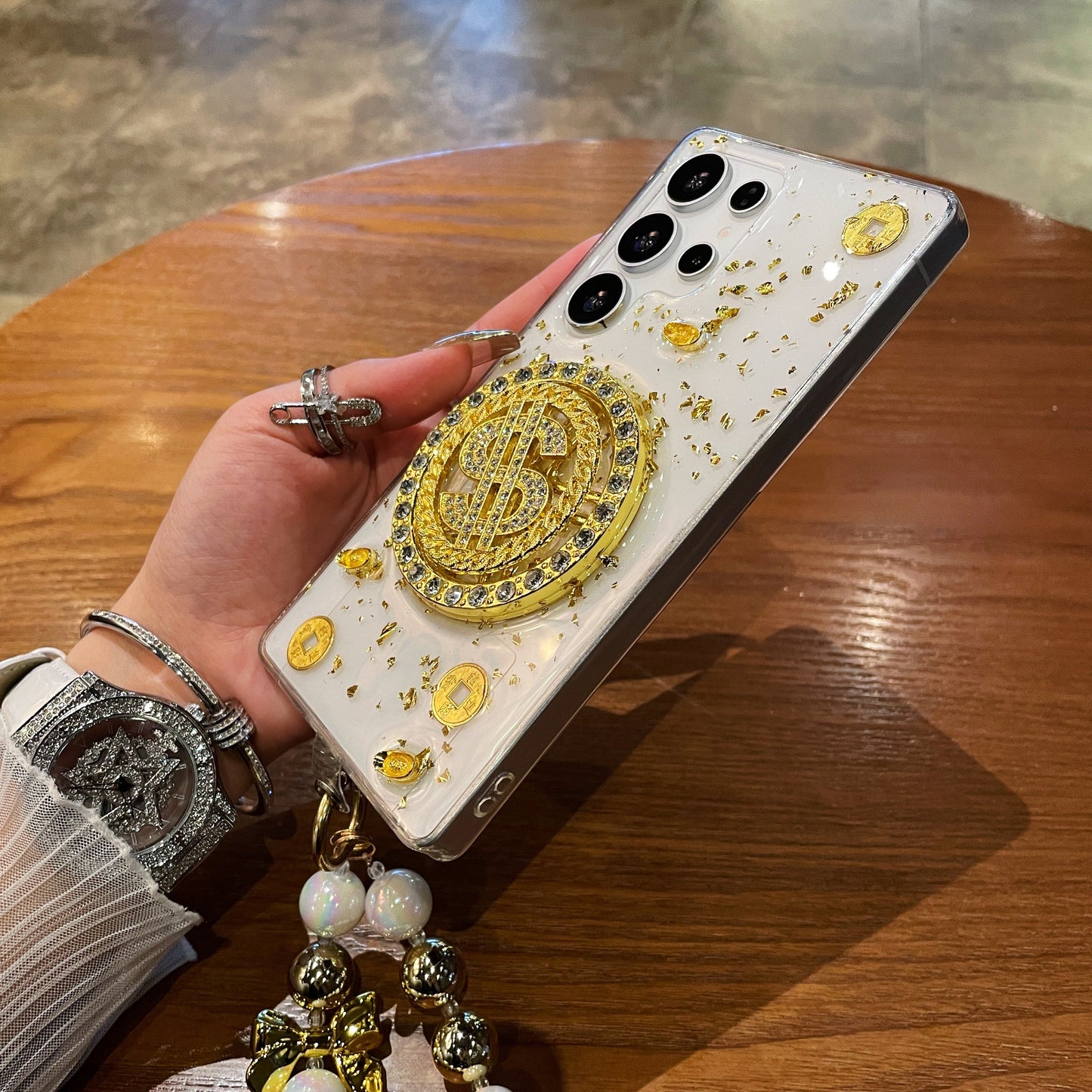 Luxury Rotating Dollar Case for Samsung Galaxy S24 | Gold Bling Coin Design with Beaded Wrist Strap