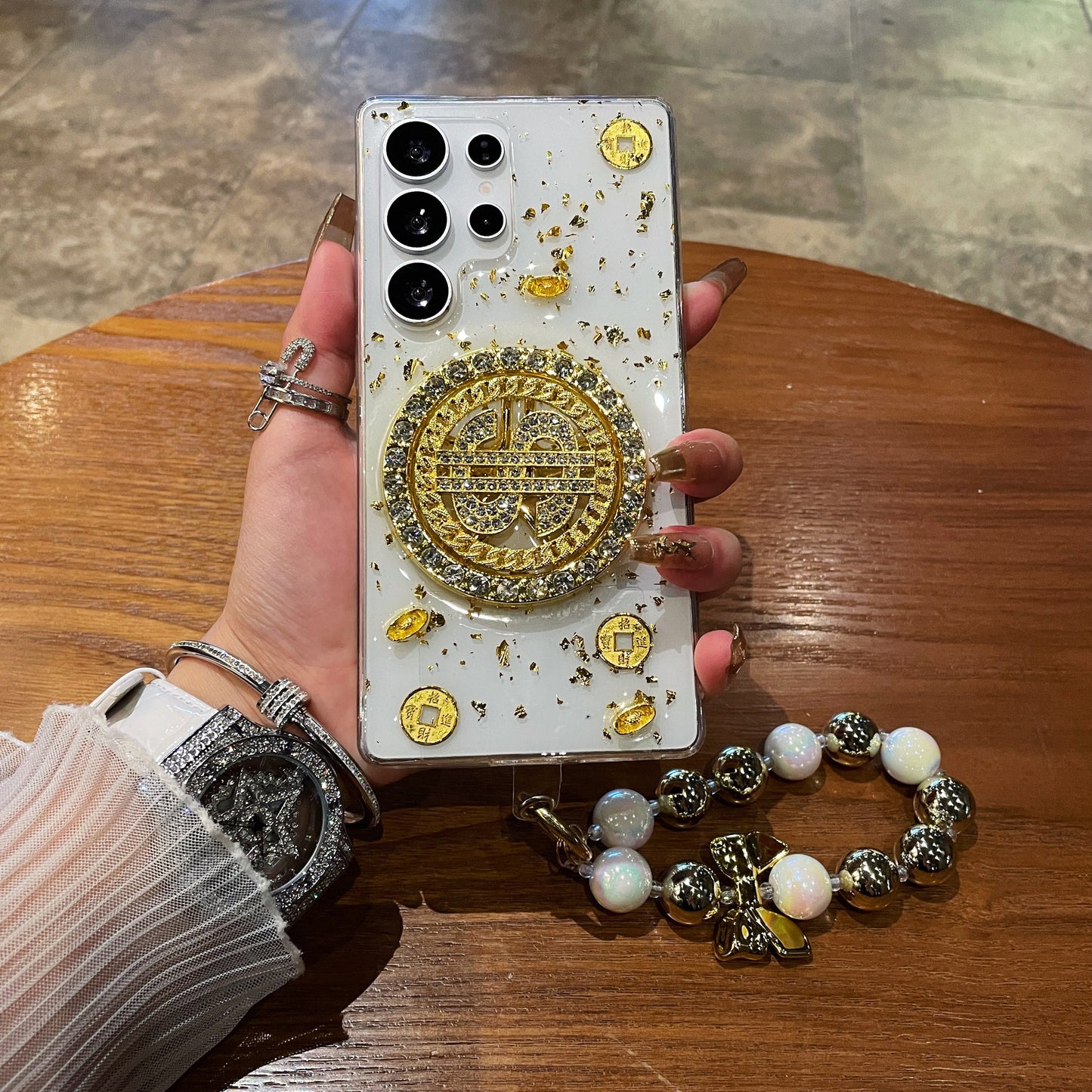 Luxury Rotating Dollar Case for Samsung Galaxy S24 | Gold Bling Coin Design with Beaded Wrist Strap