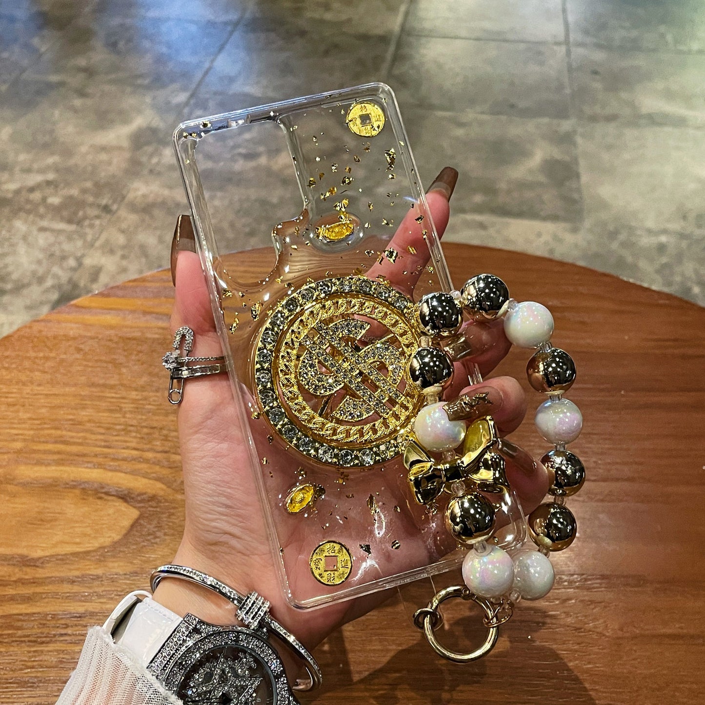 Luxury Rotating Dollar Case for Samsung Galaxy S25 Ultra | Gold Bling Coin Design with Beaded Wrist Strap
