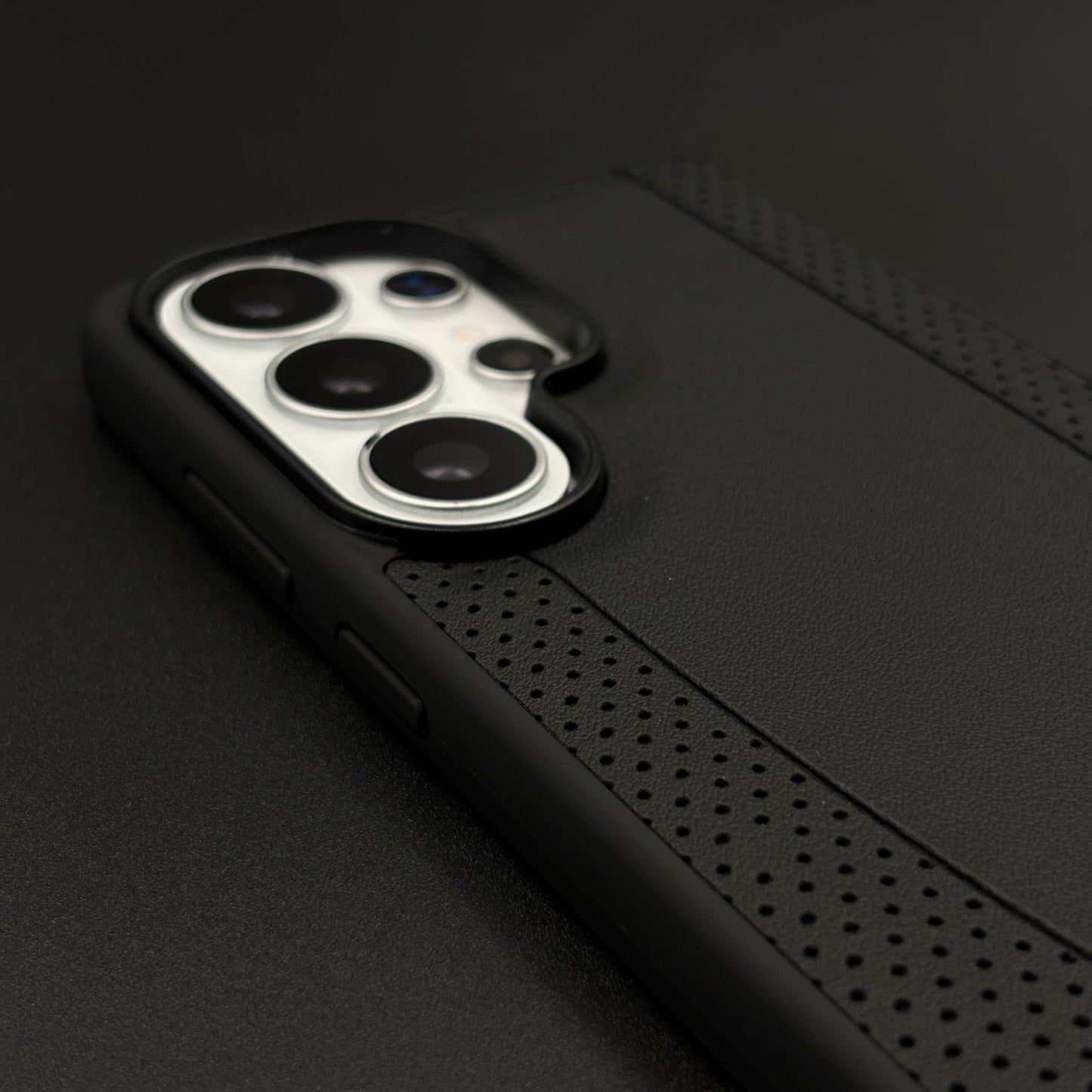 Black Perf Line Luxury Sports Car Merc Case for Samsung Galaxy S26 Ultra with Perforated Detail