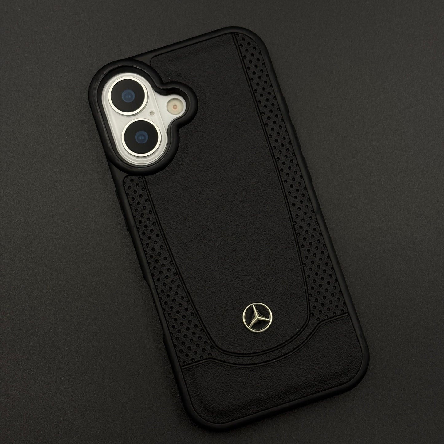 Black Perf Line Luxury Sports Car Merc Case for iPhone 17 with Perforated Detail