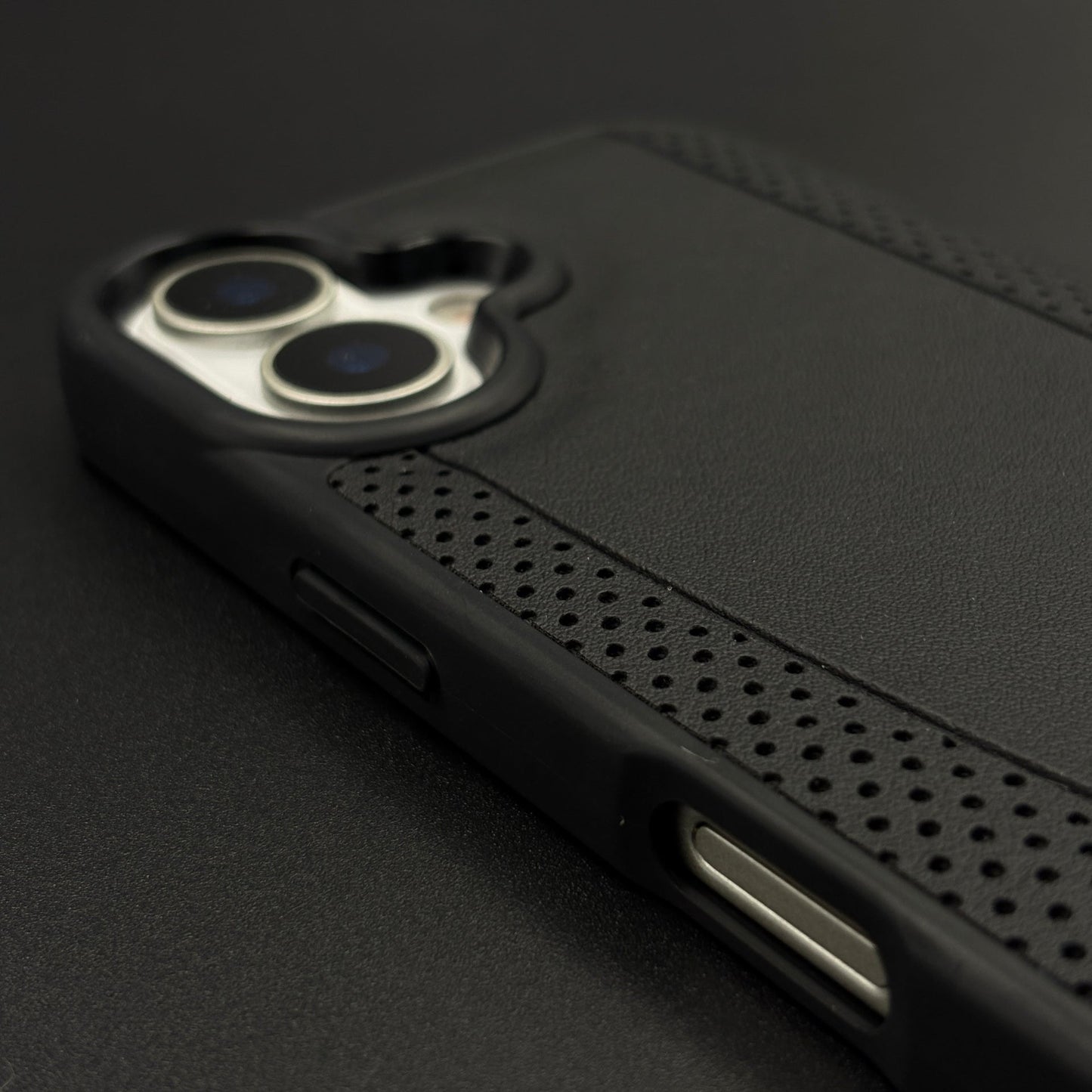 Black Perf Line Luxury Sports Car Merc Case for iPhone 17 with Perforated Detail