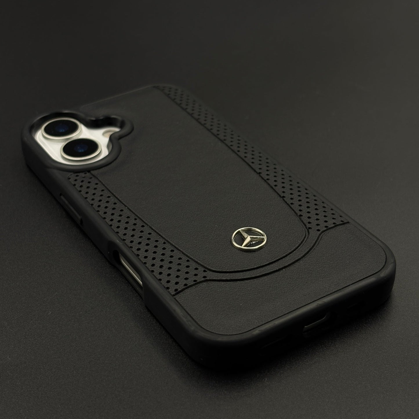 Black Perf Line Luxury Sports Car Merc Case for iPhone 17 with Perforated Detail