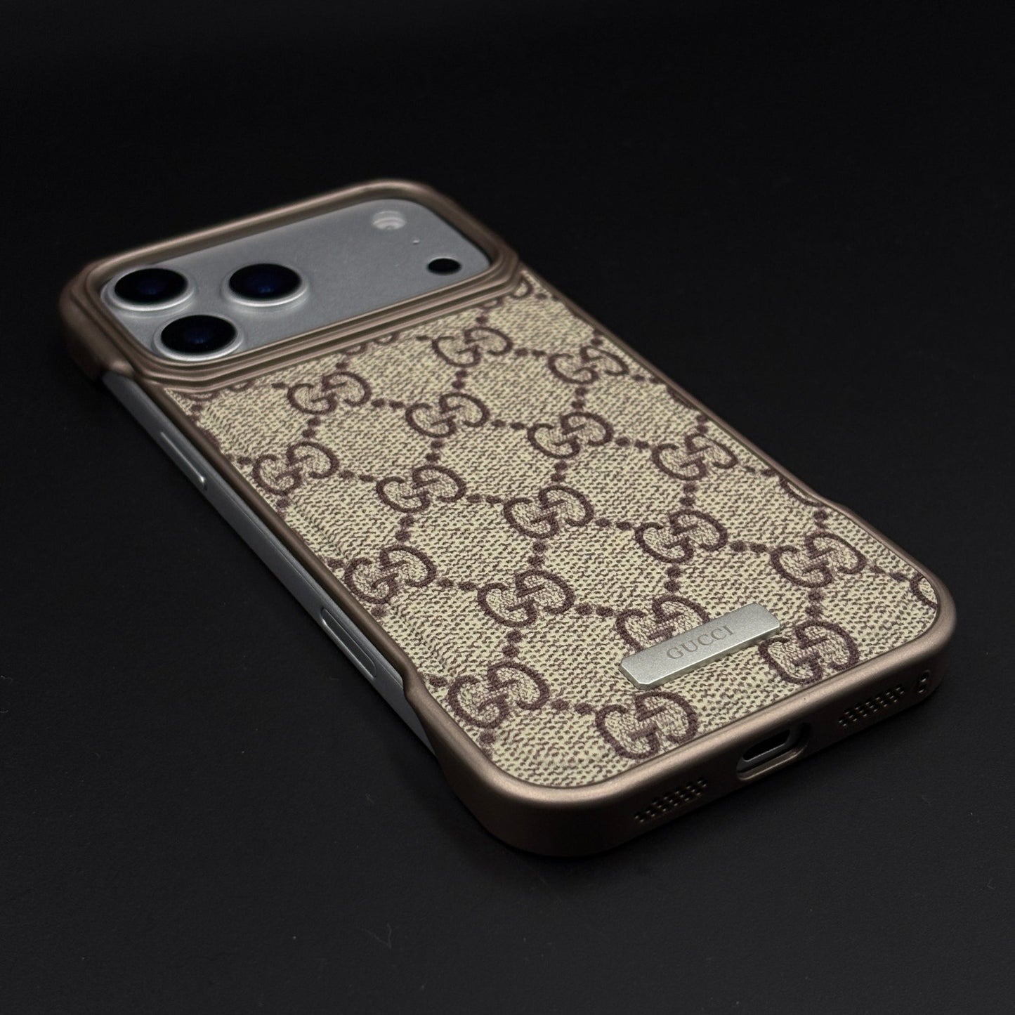 Luxury Branded GG Pattern Fabric Mobile Case for iPhone 17 Series | Premium Brown Texture Fabric