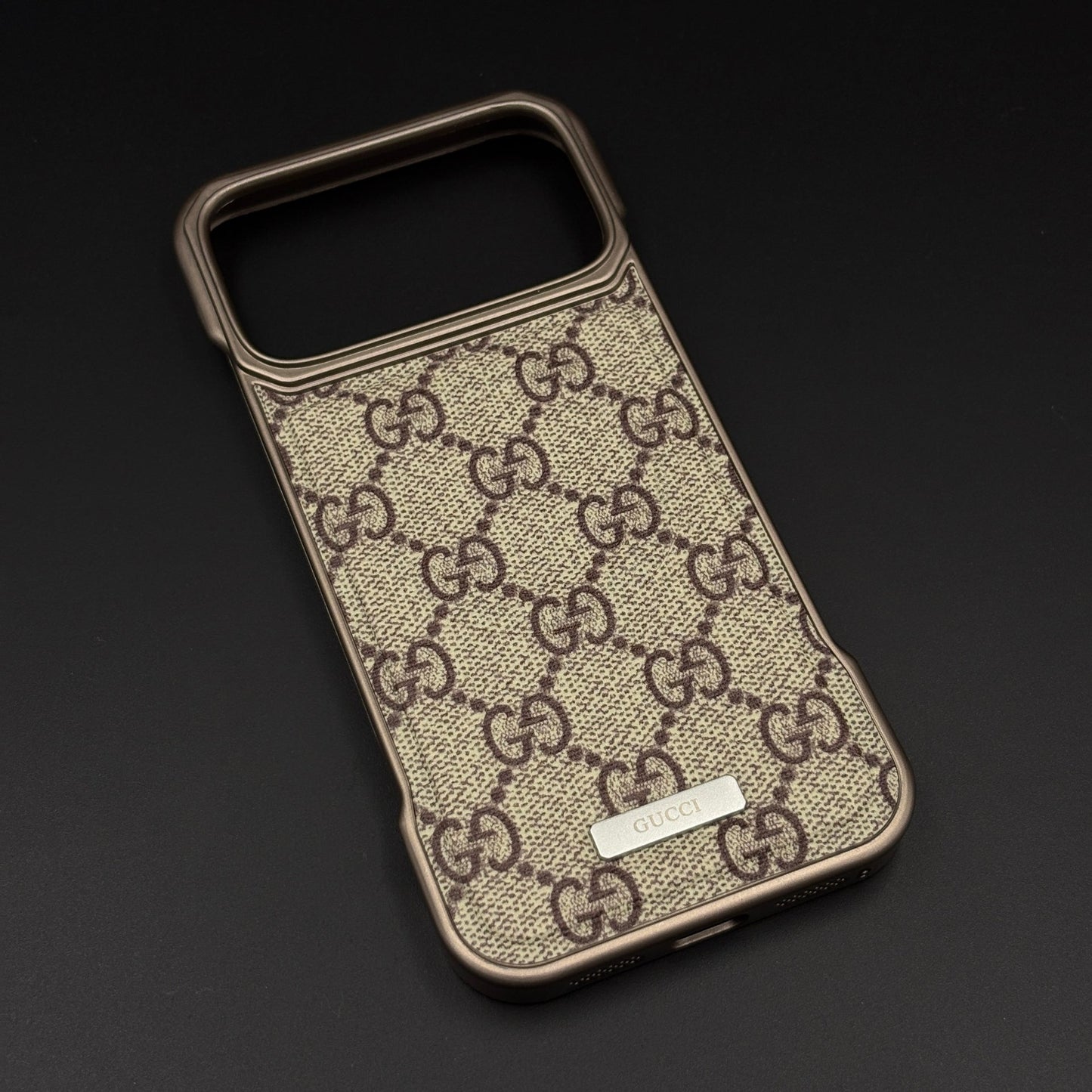 Luxury Branded GG Pattern Fabric Mobile Case for iPhone 17 Series | Premium Brown Texture Fabric