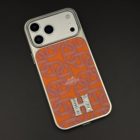 Luxury Branded Metal Initial Mobile Case Cover for iPhone 17 Series | Orange Designer-Inspired Matte Finish