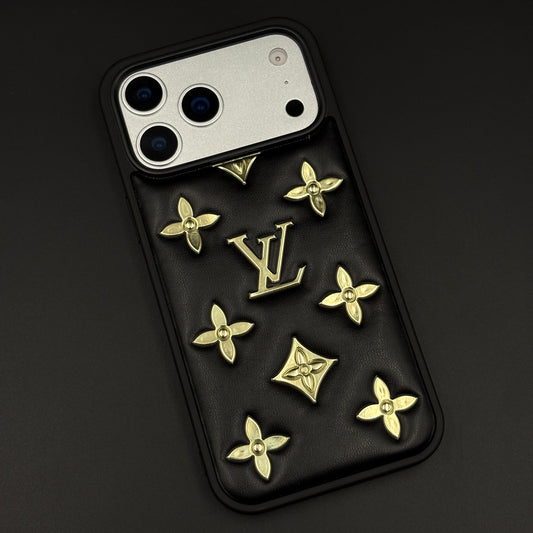 Luxury Embossed Gold Icon Mobile Case for iPhone 17 Series | Premium Black Soft-Touch Cushion Cover