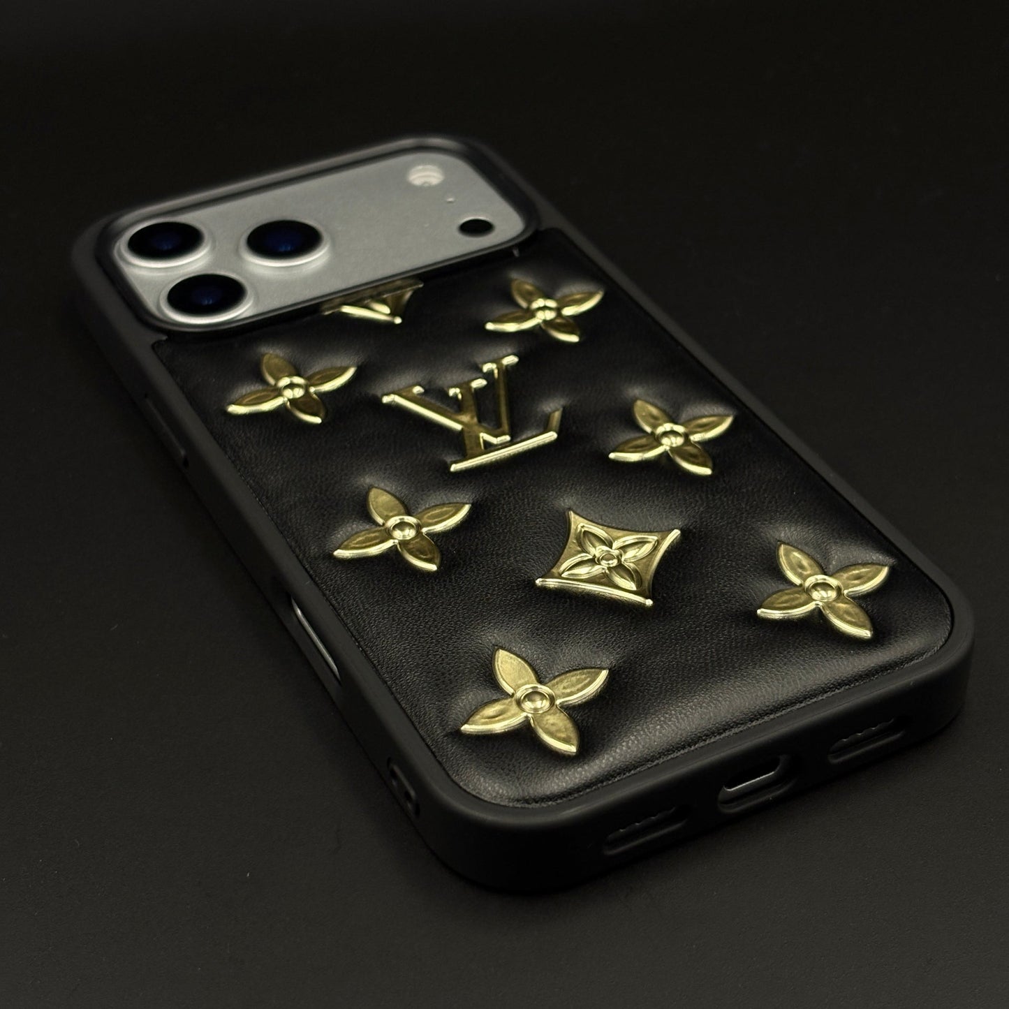 Luxury Embossed Gold Icon Mobile Case for iPhone 17 Series | Premium Black Soft-Touch Cushion Cover