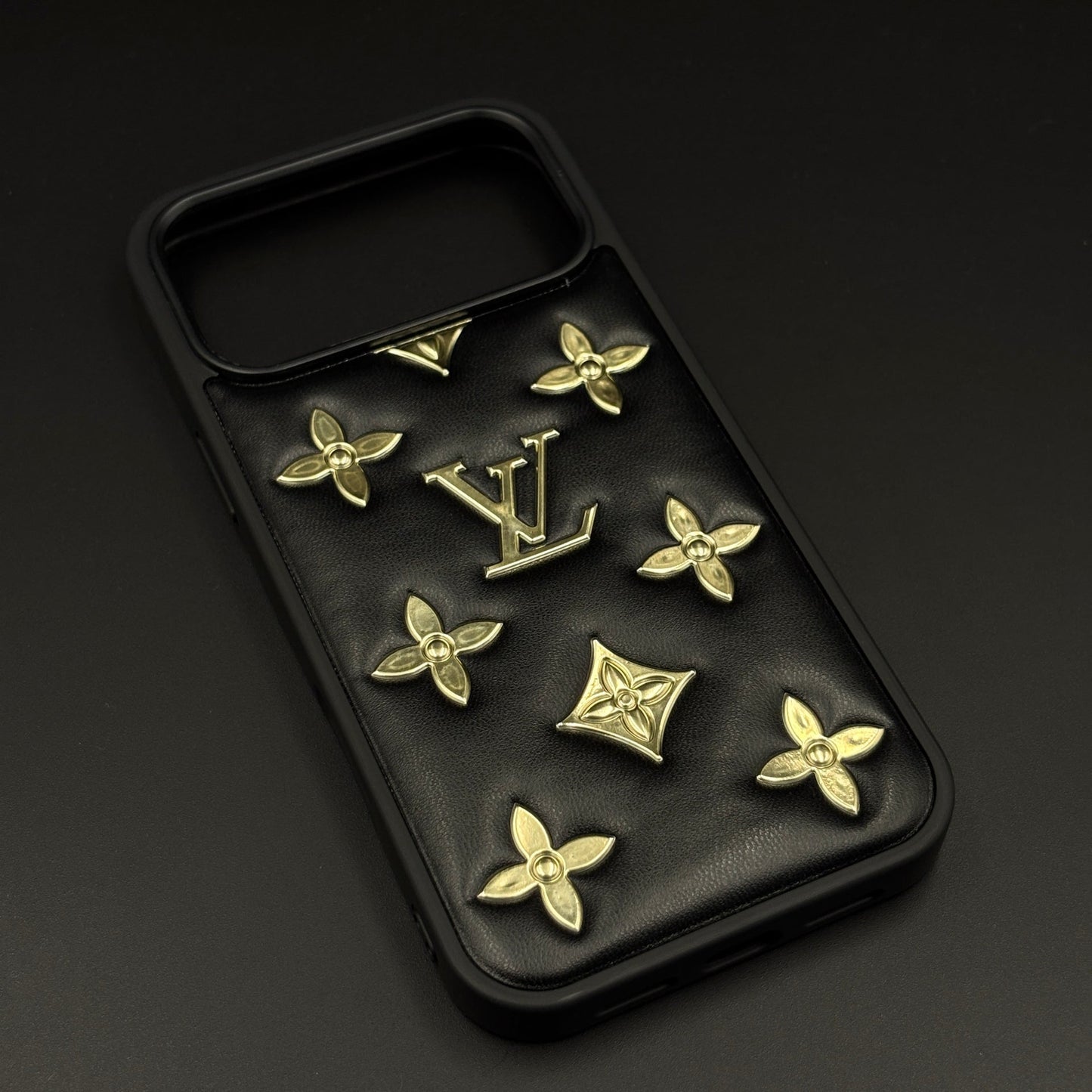 Luxury Embossed Gold Icon Mobile Case for iPhone 17 Series | Premium Black Soft-Touch Cushion Cover