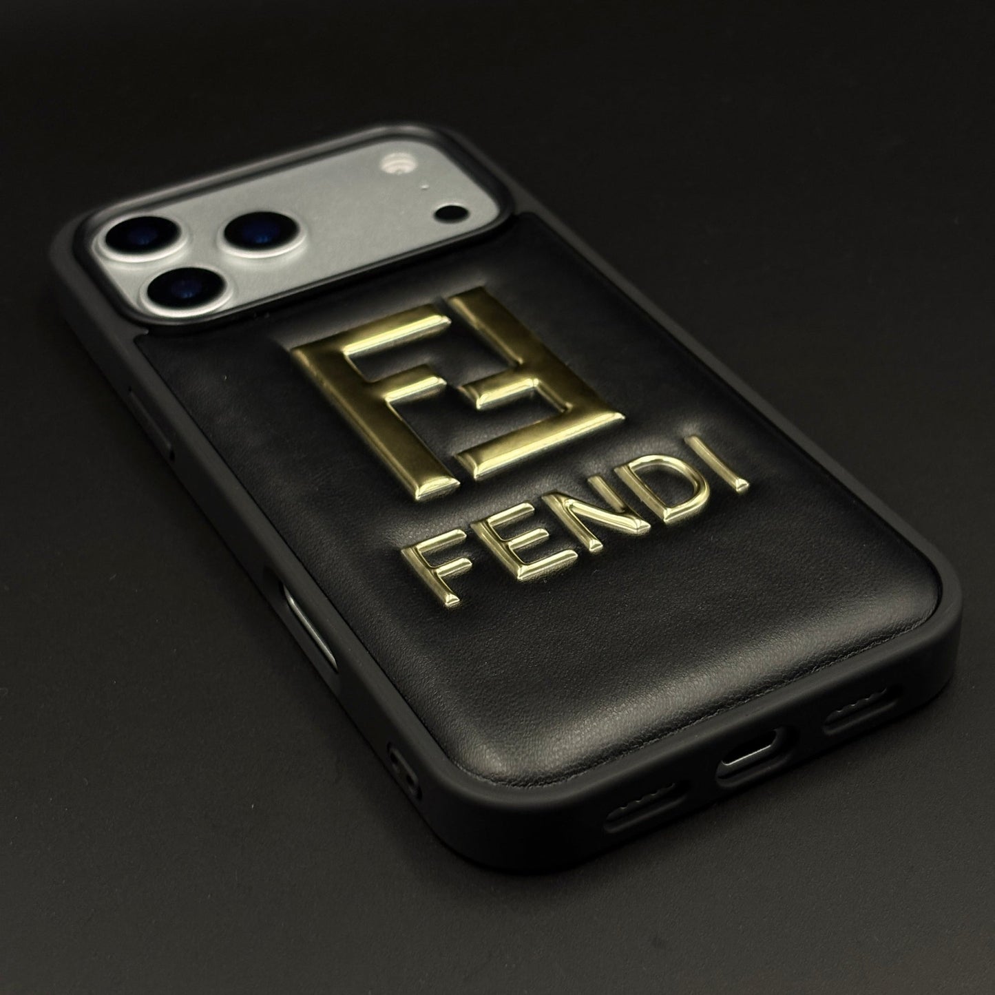 Gold Initial FF Emblem Puffer Mobile Case for iPhone 17 Series | Premium Black Cushion | Embossed Logo