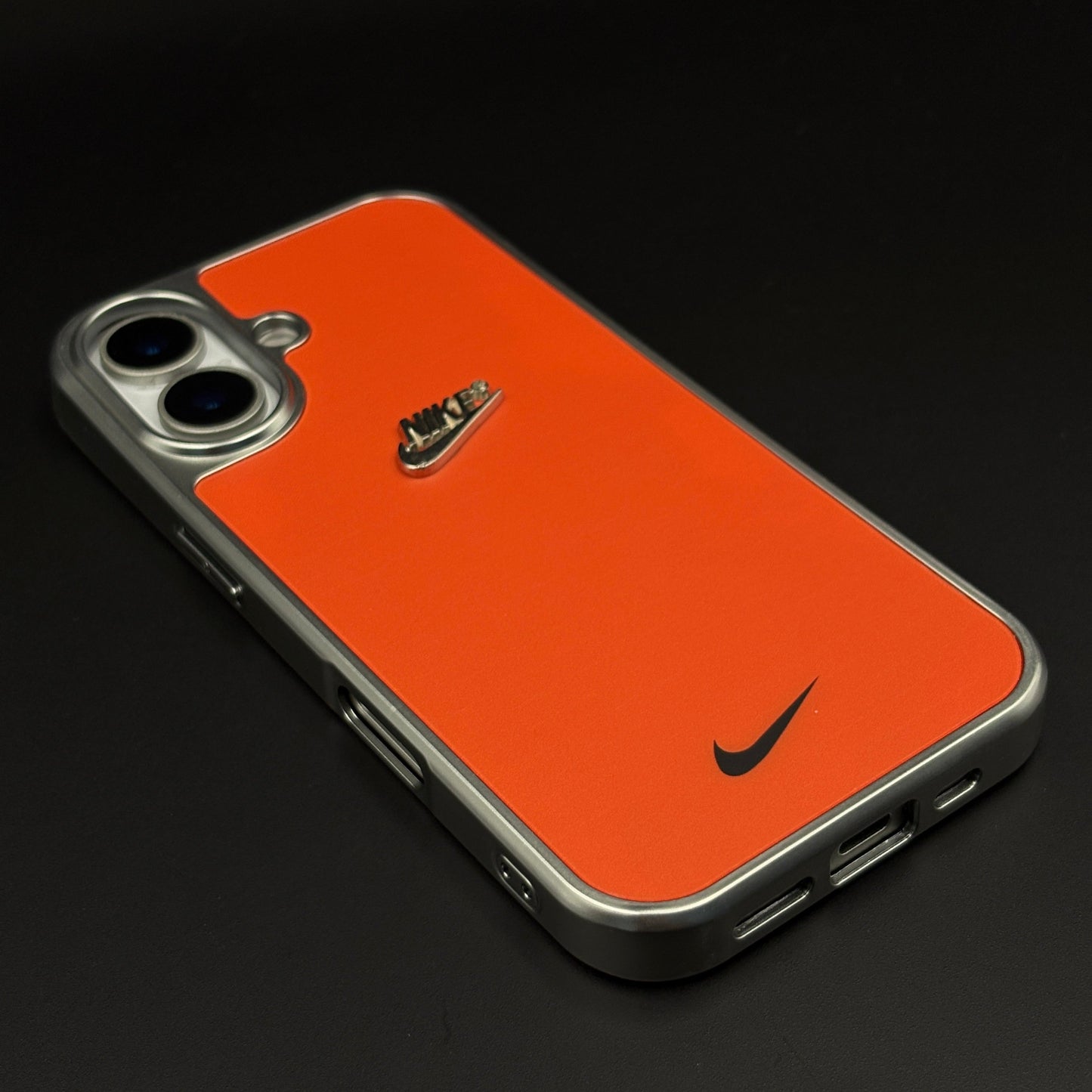 Premium Sports Edition Shockproof Mobile Case Cover for iPhone 16 | Athletic Orange Metal Frame Cover | Embossed Logo