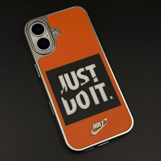 Sports Edition “Just Do It” Mobile Case Cover for iPhone 16 | Aluminium Frame Athletic Cover | Embossed Logo