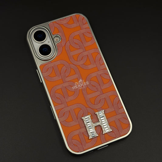 Luxury Branded Metal Initial Mobile Case Cover for iPhone 16 | Orange Designer-Inspired Matte Finish