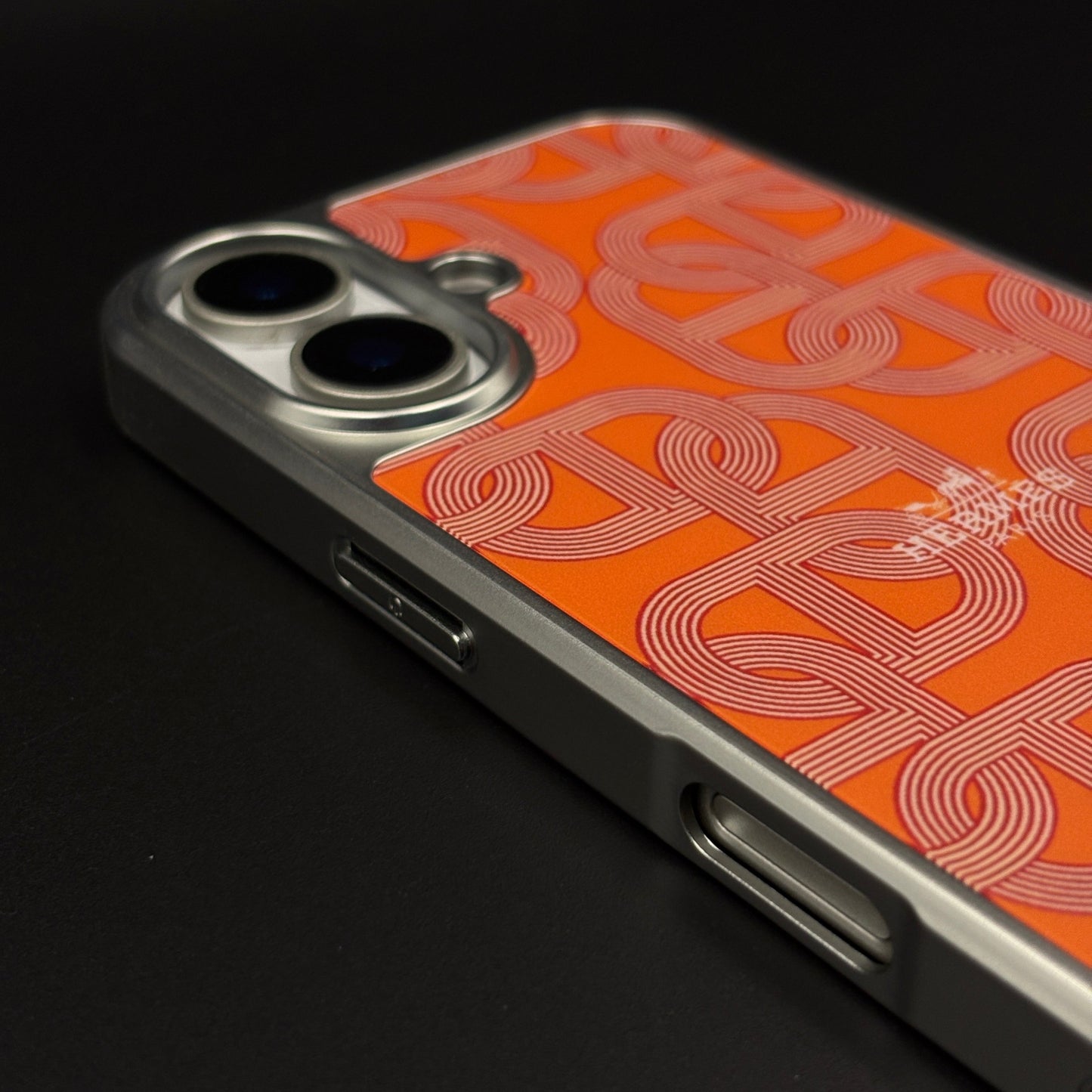 Luxury Branded Metal Initial Mobile Case Cover for iPhone 16 | Orange Designer-Inspired Matte Finish