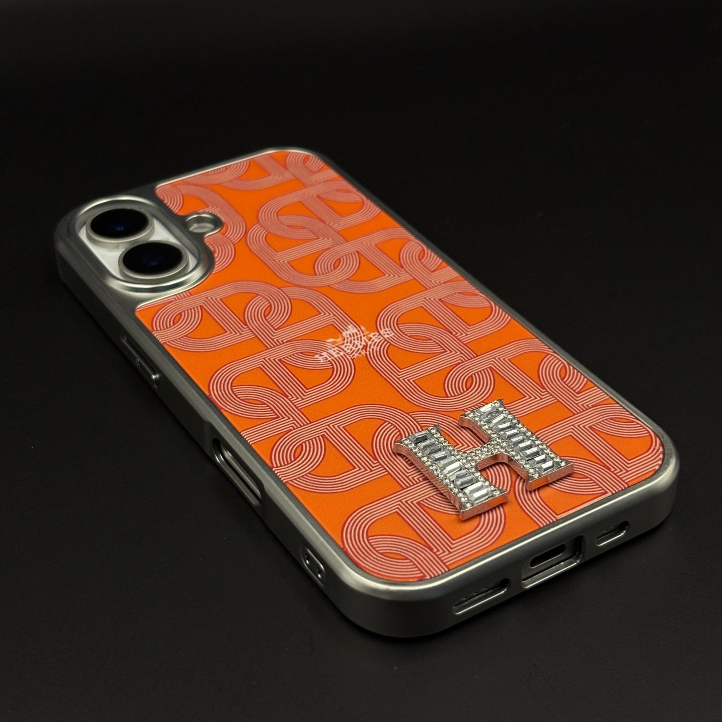 Luxury Branded Metal Initial Mobile Case Cover for iPhone 16 | Orange Designer-Inspired Matte Finish