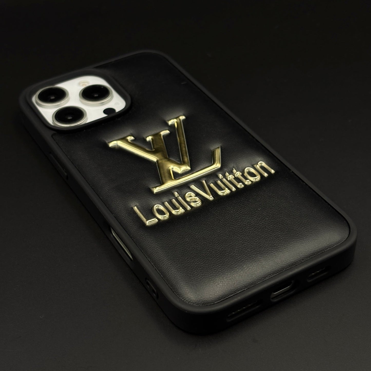 Luxury Embossed Branded Metal Logo Mobile Case for iPhone 16 Pro Max | Premium Black Soft-Touch Cushion