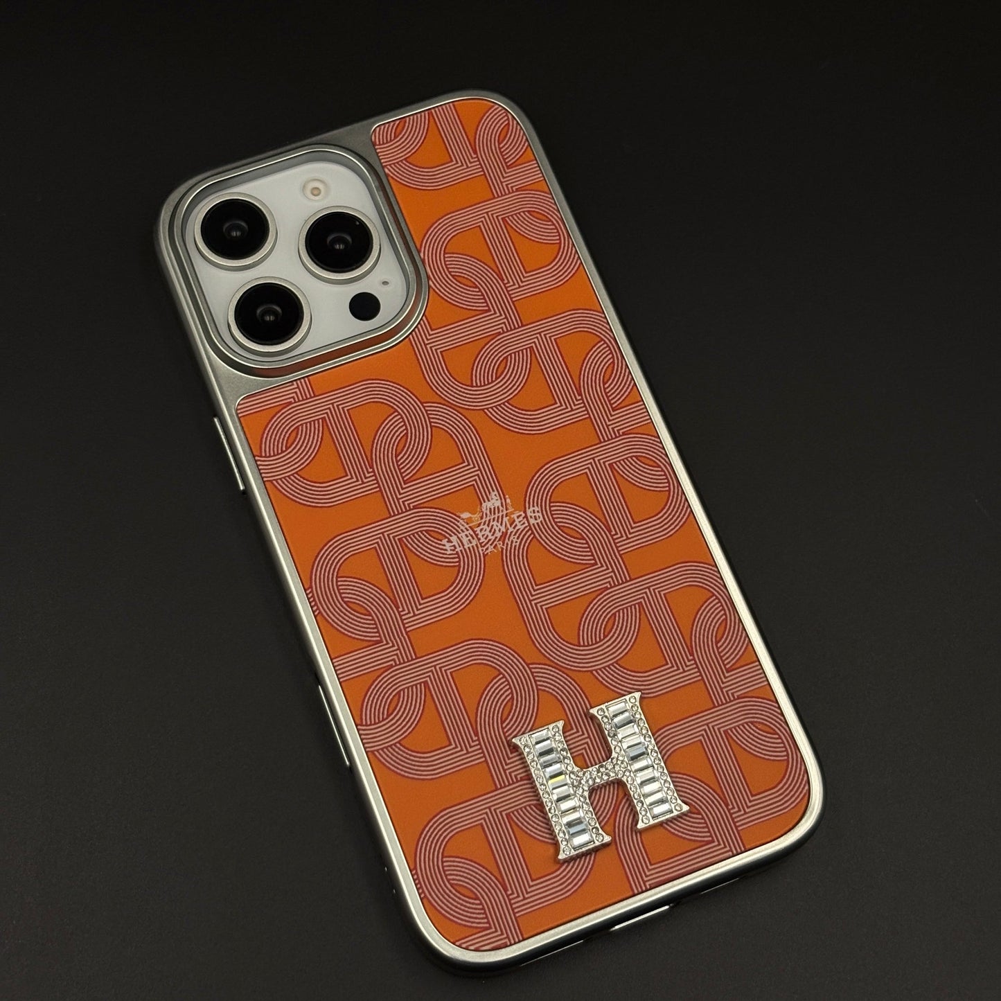 Luxury Branded Metal Initial Mobile Case Cover for iPhone | Orange Designer-Inspired Matte Finish