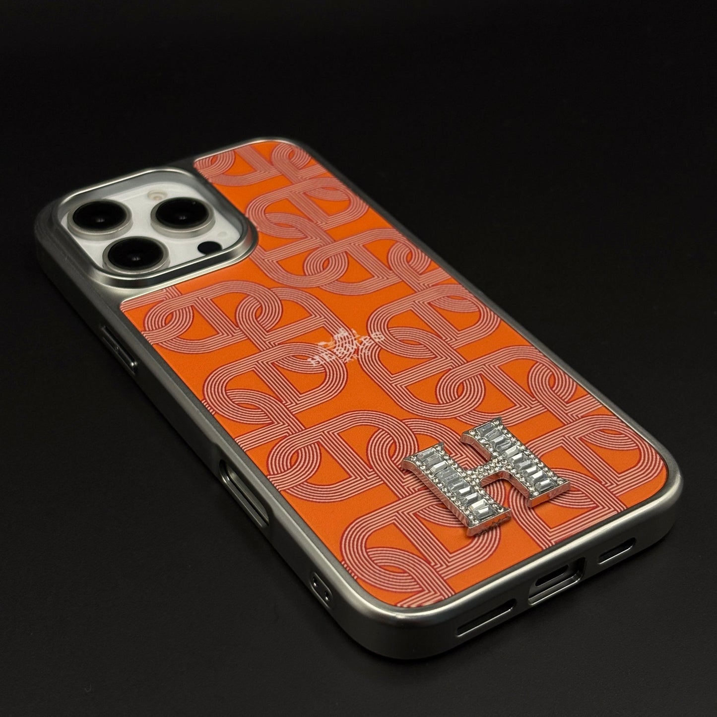 Luxury Branded Metal Initial Mobile Case Cover for iPhone | Orange Designer-Inspired Matte Finish